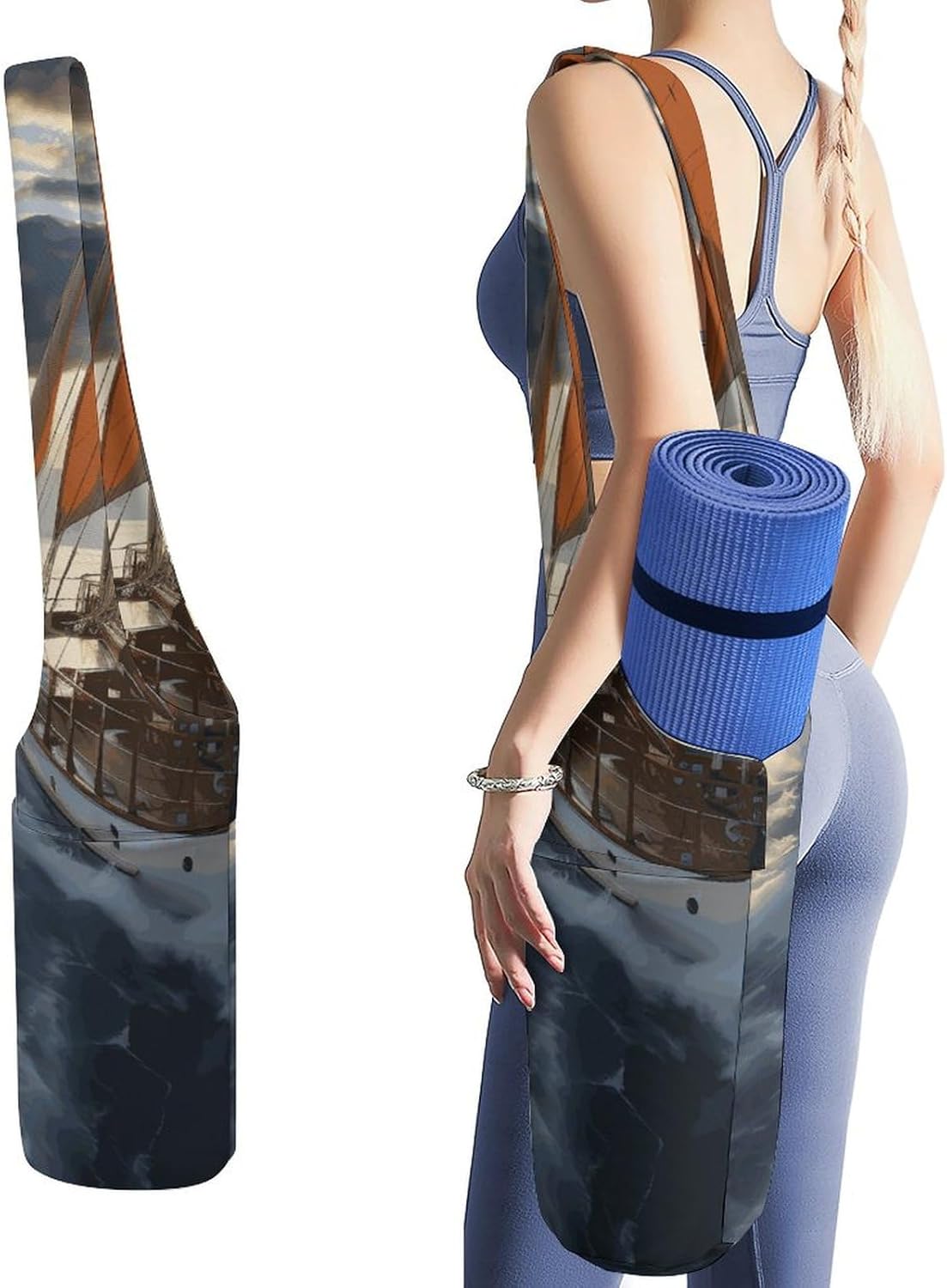 Ocean Sailboat Yoga Mat Bag Long Tote Yoga Bag with Large Side Pocket Yoga Mat Carrier Fit Most Size Mats