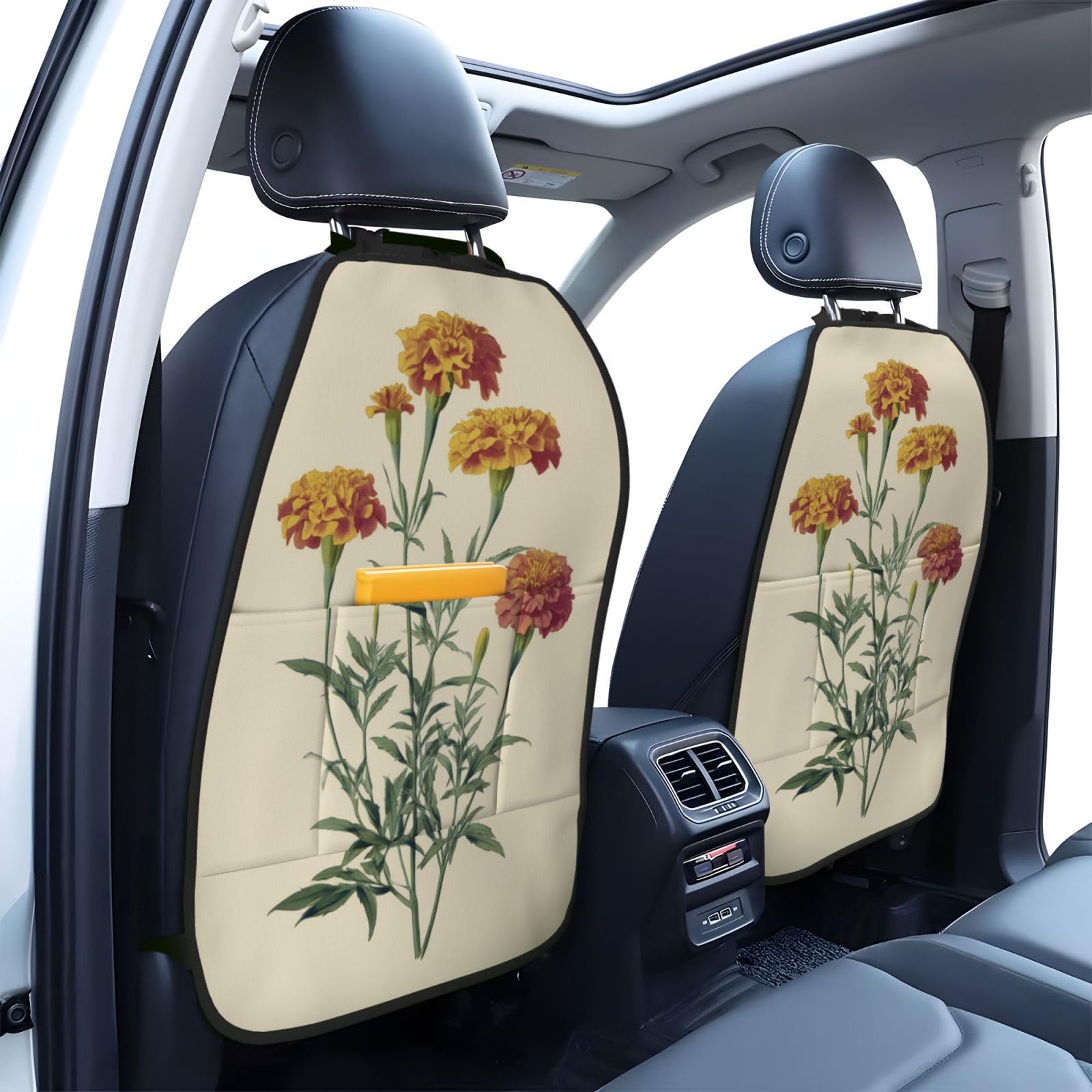 Vintage Botanical Marigold Flowers Car Seat Back Kick Protectors,2 Pack Kick Mats With Storage Pockets For Vehicles To Protect From Dirt Mud Scratches