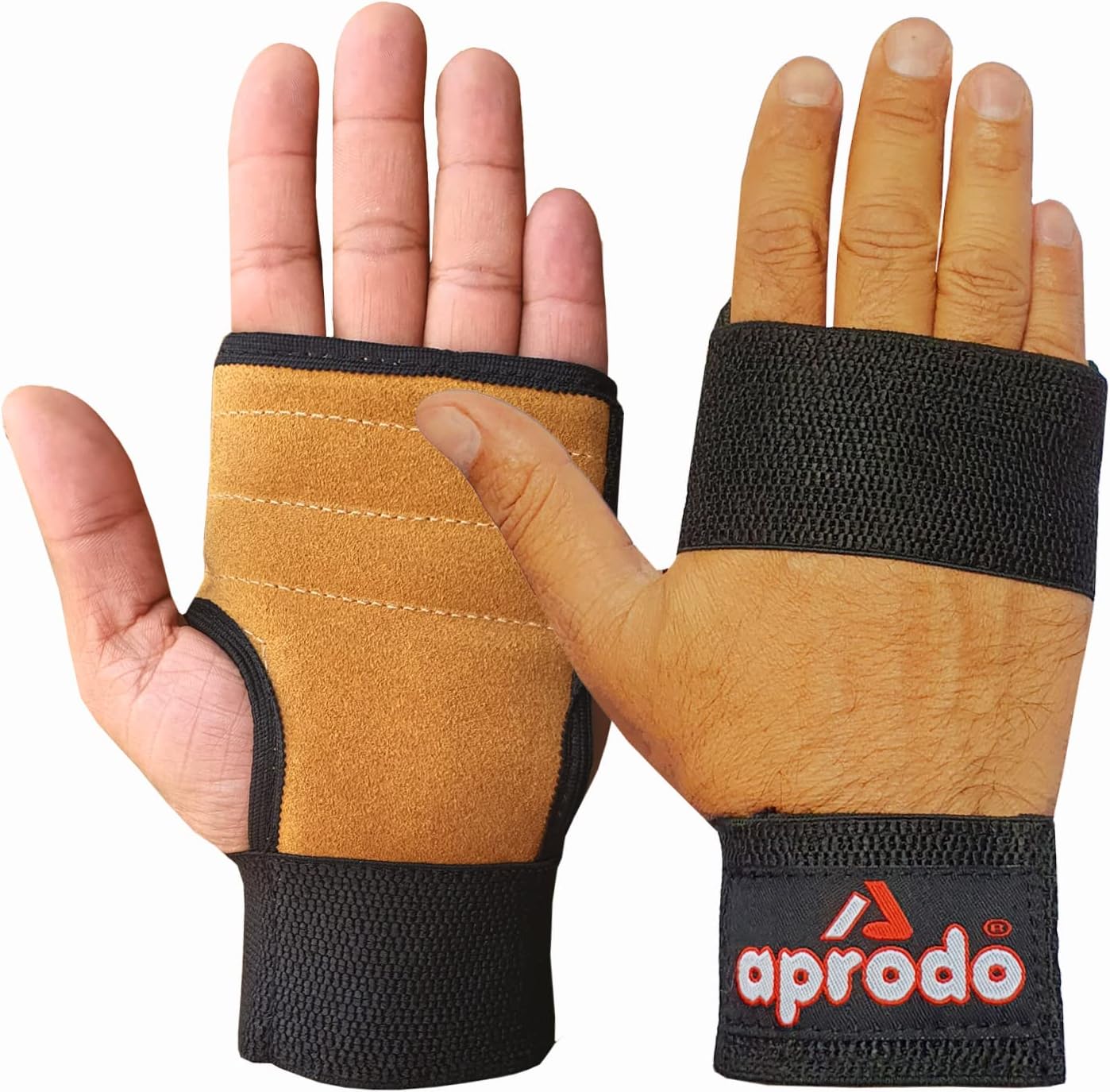 Aprodo Leather Hand Grips for Weight Lifting Workout Gloves with Built-in Wrist Support for Men and Women - Great for Gym Fitness, Cross Training, Hand Support & Weightlifting. Free Size, (TAN)