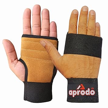 Aprodo Leather Hand Grips for Weight Lifting Workout Gloves with Built-in Wrist Support for Men and Women - Great for Gym Fitness, Cross Training, Hand Support & Weightlifting. Free Size, (TAN) - image, photos