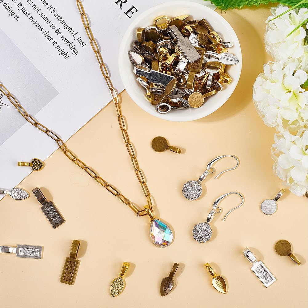 1 Box 120Pcs 15 Styles Jewelry Glue on Bail Flat Pendant Bail Colorful Tibetan Style Alloy Flat Pad Round Leaf Metal Charm Connectors Findings for Jewelry Making Necklaces Pendants DIY Crafts - Image 3