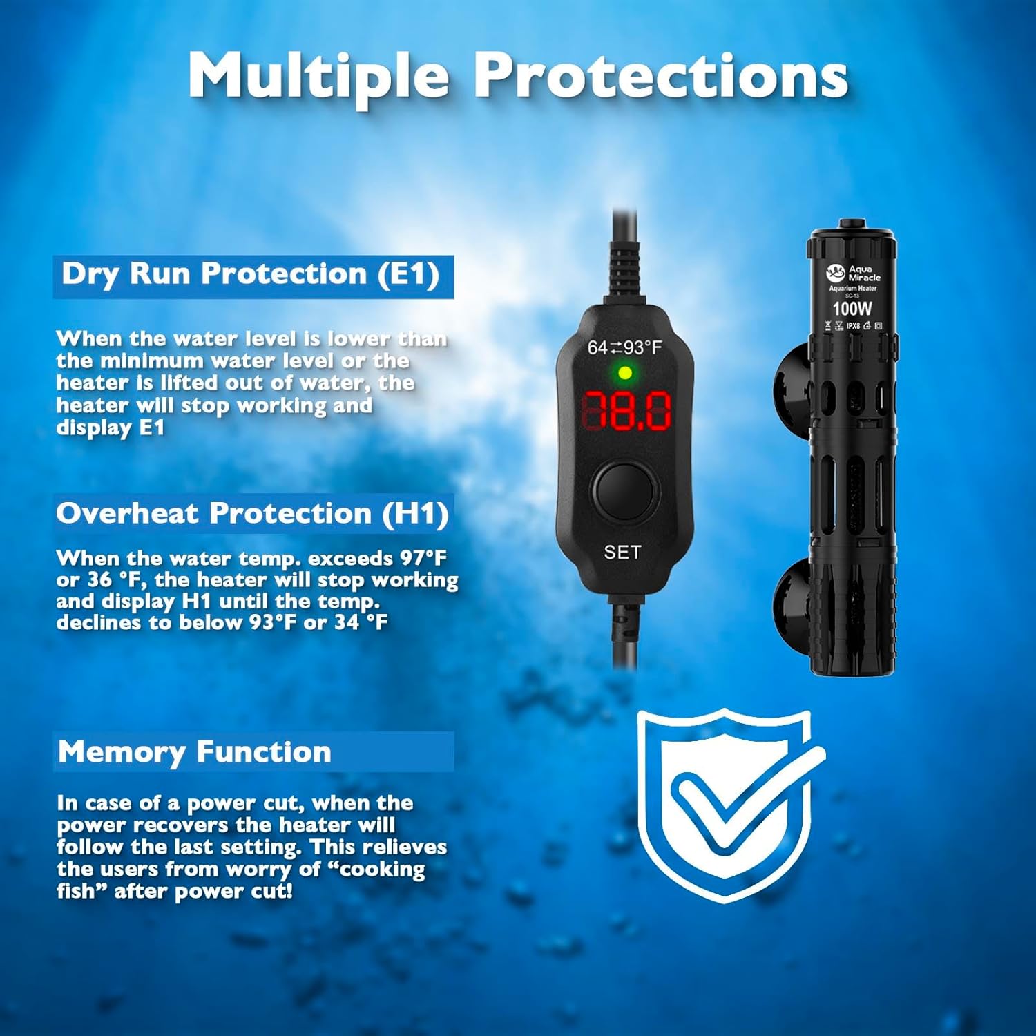 AquaMiracle Submersible Aquarium Heater, 100W Fish Tank Heaters with LED Digital Temp Display, Dry-Run Auto Power-Off & Overheat Protection, for Freshwater and Saltwater Tanks (10-20 Gal)