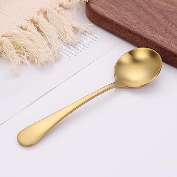 7 Round Soup Spoons Set of 4,18/10 Stainless Steel Heavy Duty with Deep Bowl,Matte Stain Finish,Dishwasher Safe(Gold)