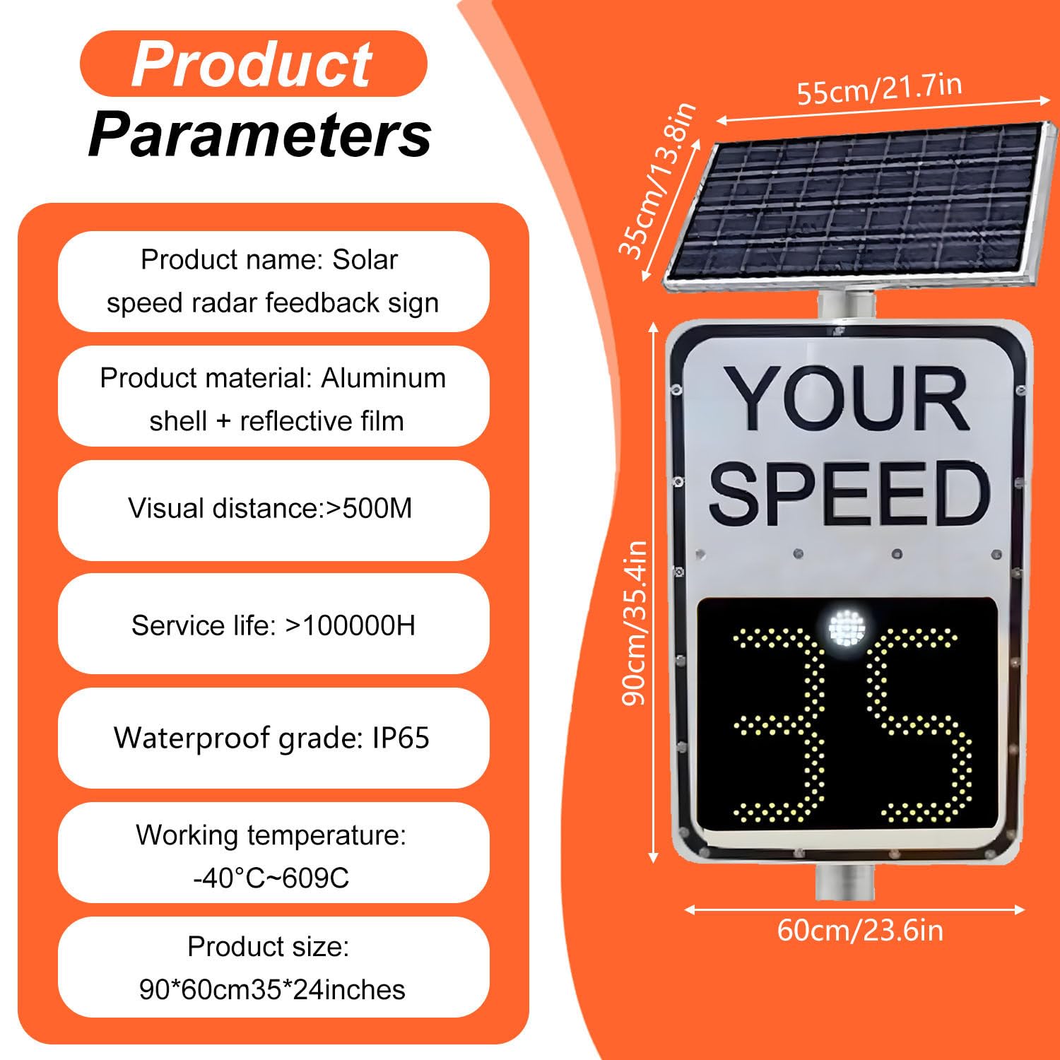 Señal de radar digital con detector de velocidad y panel solar, pantalla LED brillante, alerta intermitente de exceso de velocidad, visibilidad nocturna, señal de velocidad solar White-24×35in