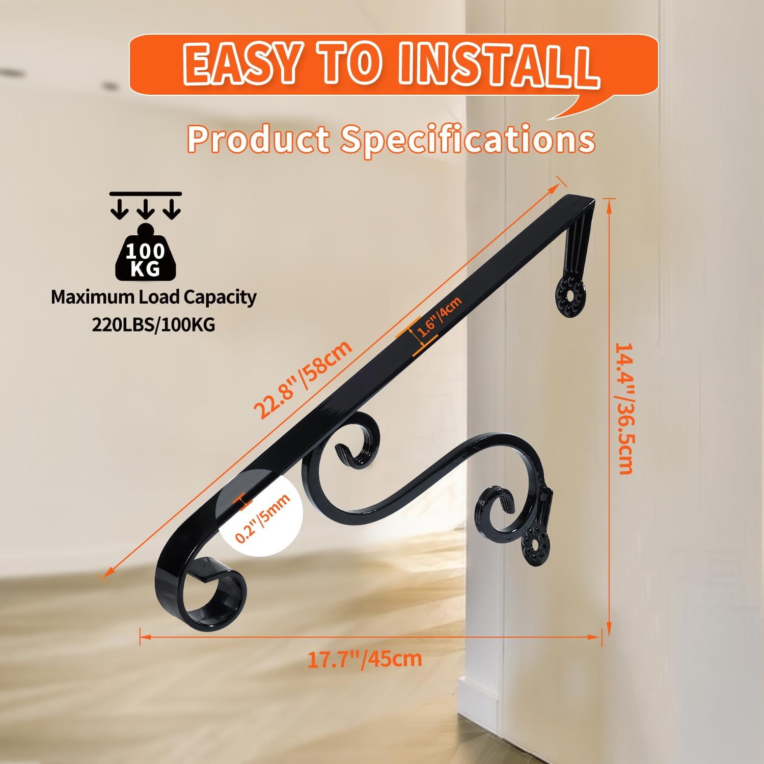 Yahpetes Hand Rails 1-2 Steps Porch Handrails Wrought Iron Handrail Grab Rail Single Post Railing 22.8"X 14.4" Black Stair Railing Bracket Metal Art Wall Mount Rail for Outdoor Step MLFS25