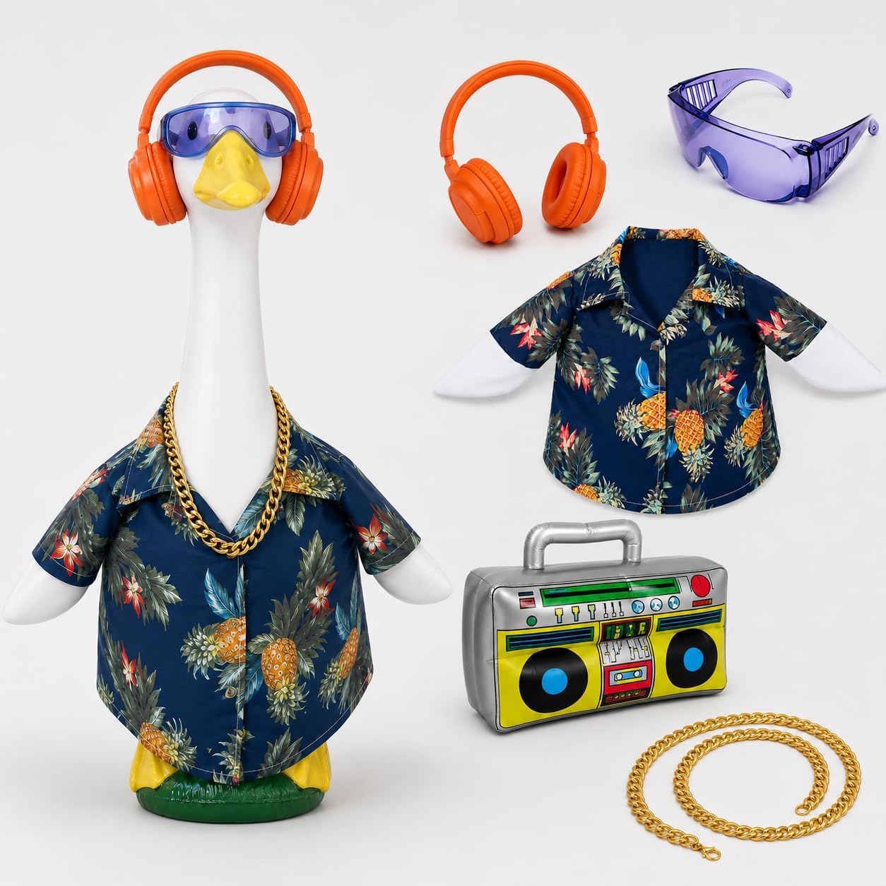 23 Inch Retro Boombox Porch Goose with Summer Outfit, Funny Hip-Hop Lawn Goose Statue Full Set with Hawaiian Shirt, Inflatable Radio, Headphones, Gold Chain, Music Themed Outdoor Yard Decor