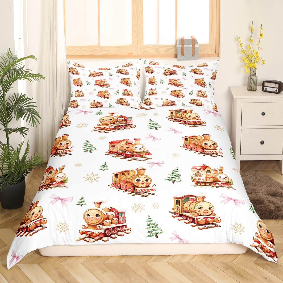 Cartoon Train Super King Size Duvet Cover,Xmas Pine Trees Snowflake Dreamy Pink Bowknot Duvet Cover for Teens,Christmas Gingerbread Steam Train Brown White Bedding Set(No Comforter),3Pcs