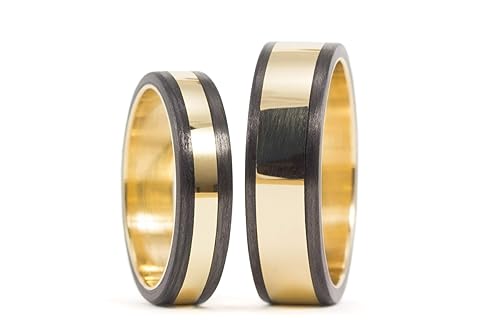 Set of two 18K gold and carbon fiber wedding bands. Unique black rings. Water resistant and hypoallergenic. (04703_4N6N)