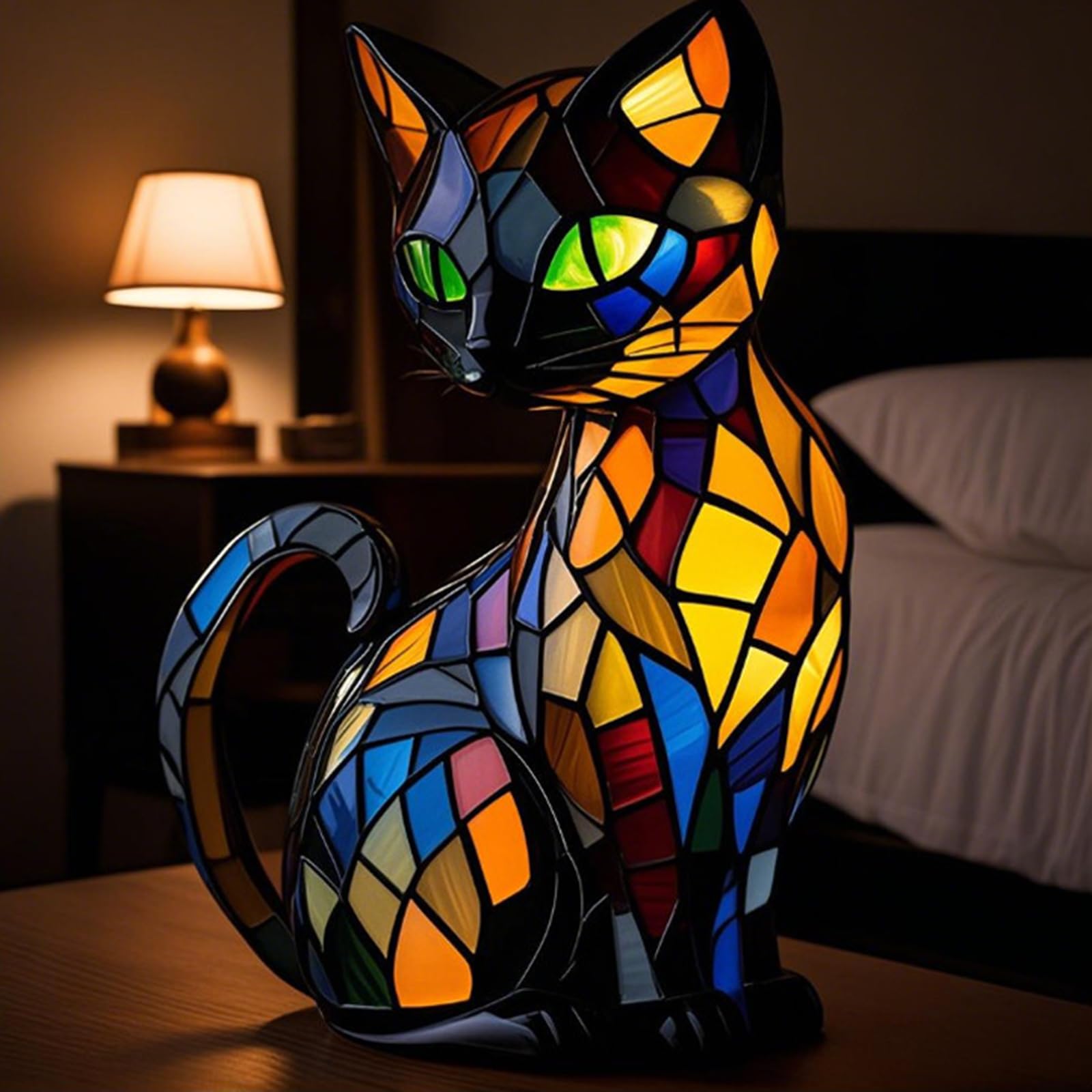 lampe chat vitrail,lampe en forme de chat,cat lamp mosaic,lampe de table en vitrail représentant un chat,katzenlampe mosaik,lampe à vitrail d'animaux,lampe chat led,lampe de table animale-A