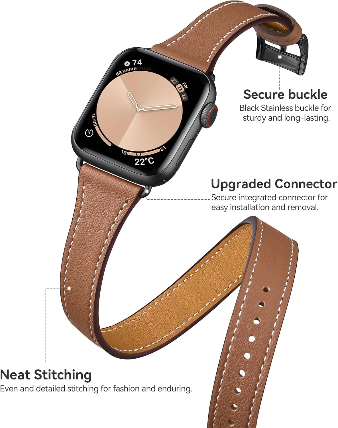 Bestig Bands Compatible with Apple Watch Band 49mm 46mm 45mm 44mm 42mm(Series 3 2 1) Women Men, Genuine Leather Double Tour Designed Slim Strap for iWatch Ultra SE Series 10 9 8 7 6 5 4(Brown+Black) - Image 6