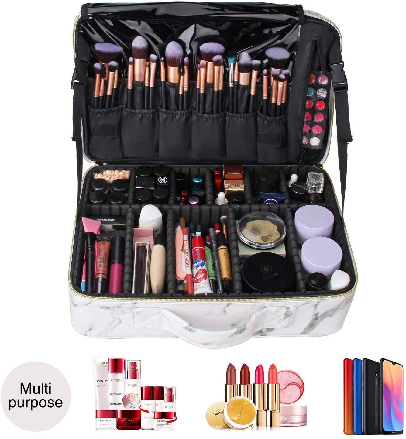 Adson Large Makeup Bag 3 Layers Professional Train Cosmetic Bag Makeup Organizer Case Artist Storage Brush Box with Adjustable Dividers and Strap for Makeup Accessories (White Marble Pattern) 4
