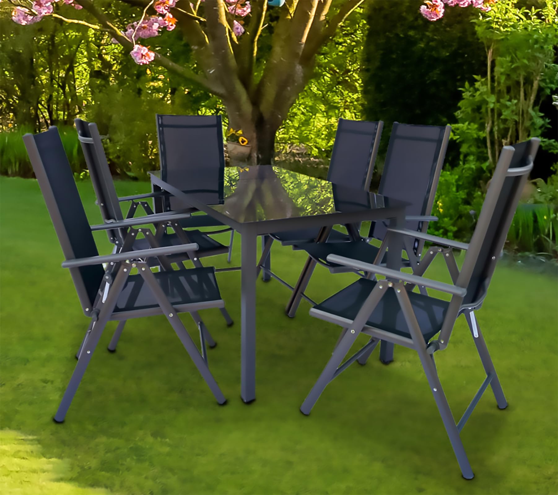VCM 7 TLG. Gartenmöbel Set | Sitzgruppe Essgruppe | 1x Tisch, 6X Stühle | Tisch Maße ca. H. 76 x B. 189 x T. 90 cm | Stühle 189 SW Anthrazit