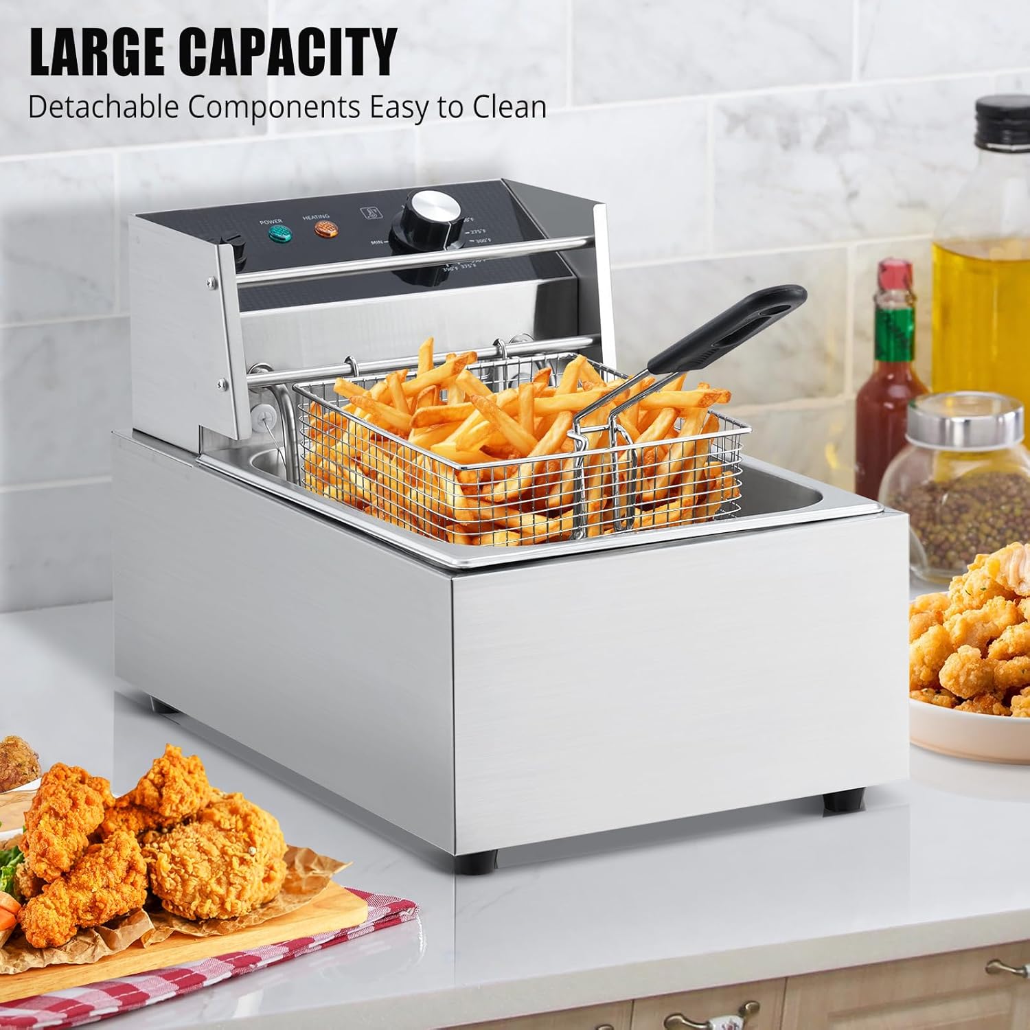 Electric Deep Fryer, 6L Tank Stainless Steel Deep Fryer with Basket & Lid, Countertop Fryers for Home Kitchen and Restaurant, 1800W, 110V