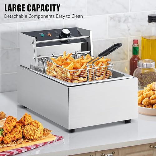 Miniatura 2 de Freidora eléctrica, freidora de acero inoxidable de tanque de 6L con cesta y tapa, freidoras de encimera para cocina y restaurante, 1800 W, 110 V