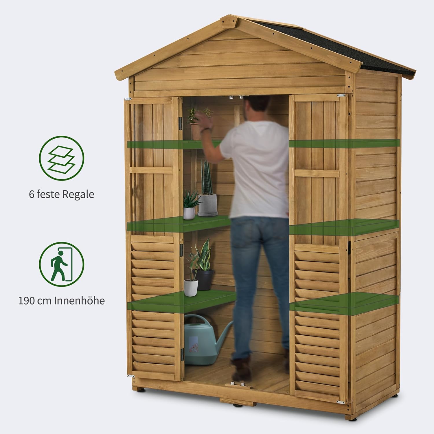 Ентеријер view of the M MCombo garden shed showing a person standing inside, with multiple shelves holding potted plants and a watering can.