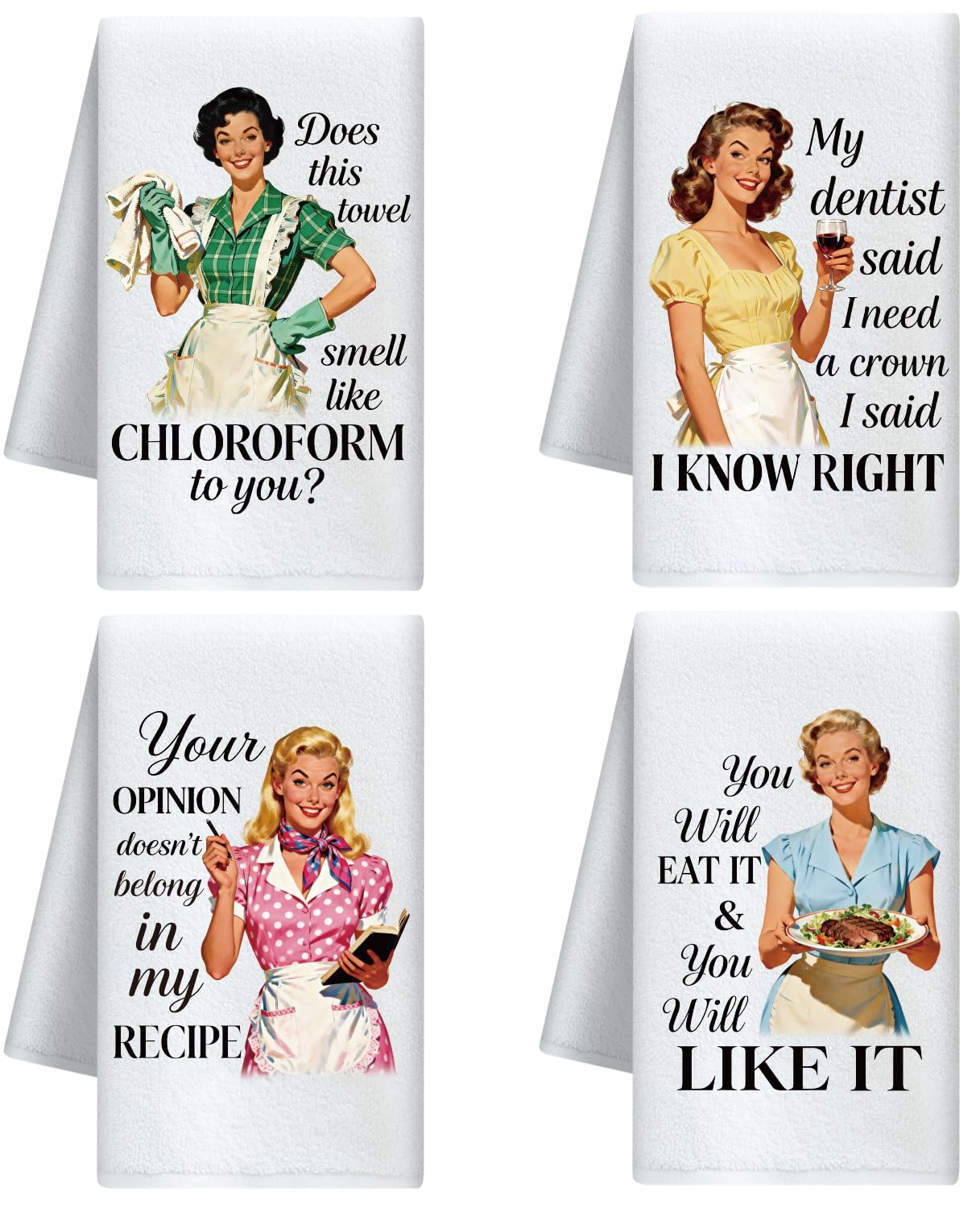 CUTHOLLOW Retro Housewife Tea Towels Set of 4, 60x40cm Soft & Absorbent Microfiber Dish Towel for Kitchen Tea Coffee Bar,Best Gift for Mother's Day Housewarming Birthday