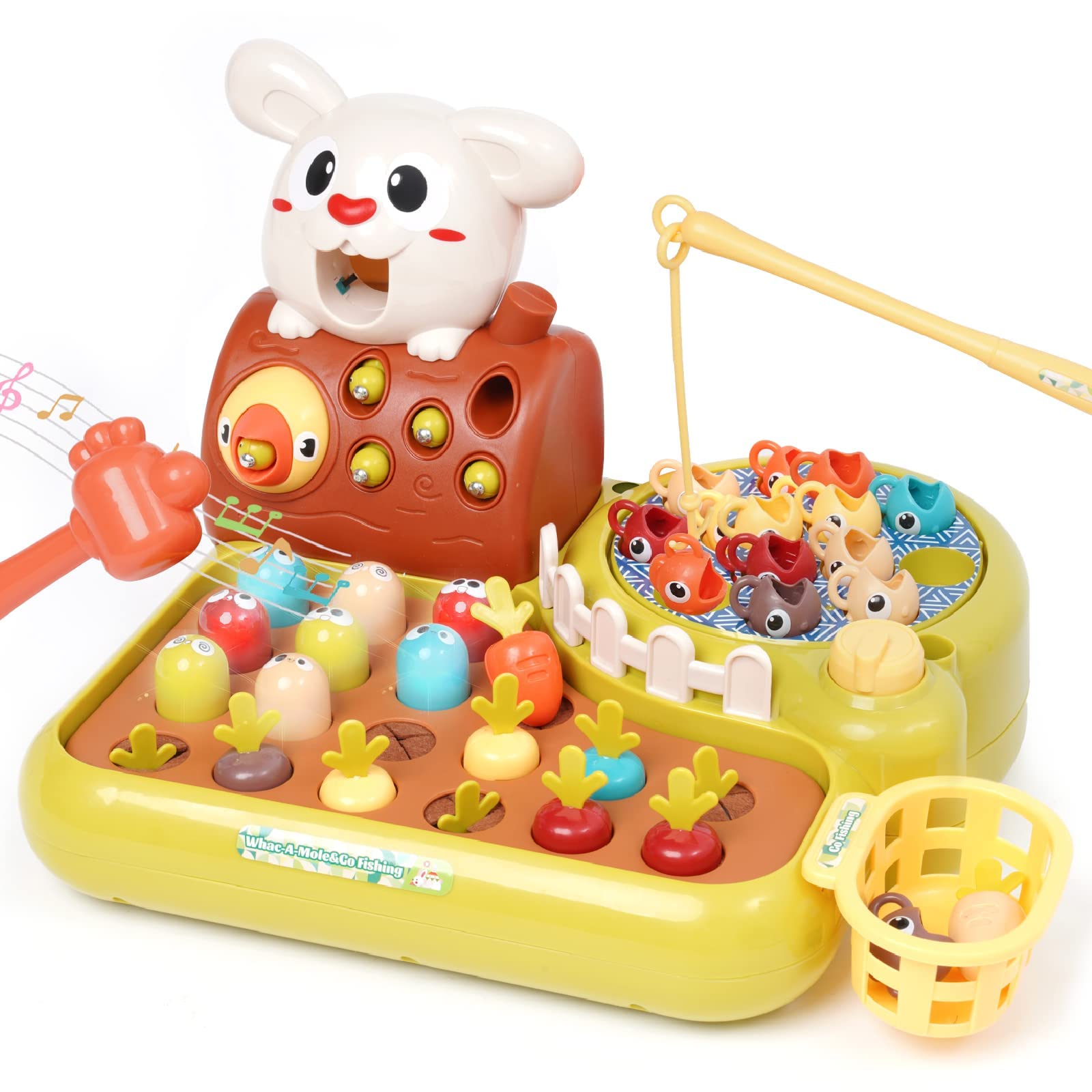 NALACAL 4 in 1 Interactive Whack A Mole Toy for Toddlers, Carrot Harvest Fishing Game for Boys and Girls 3, 4, 5, 6