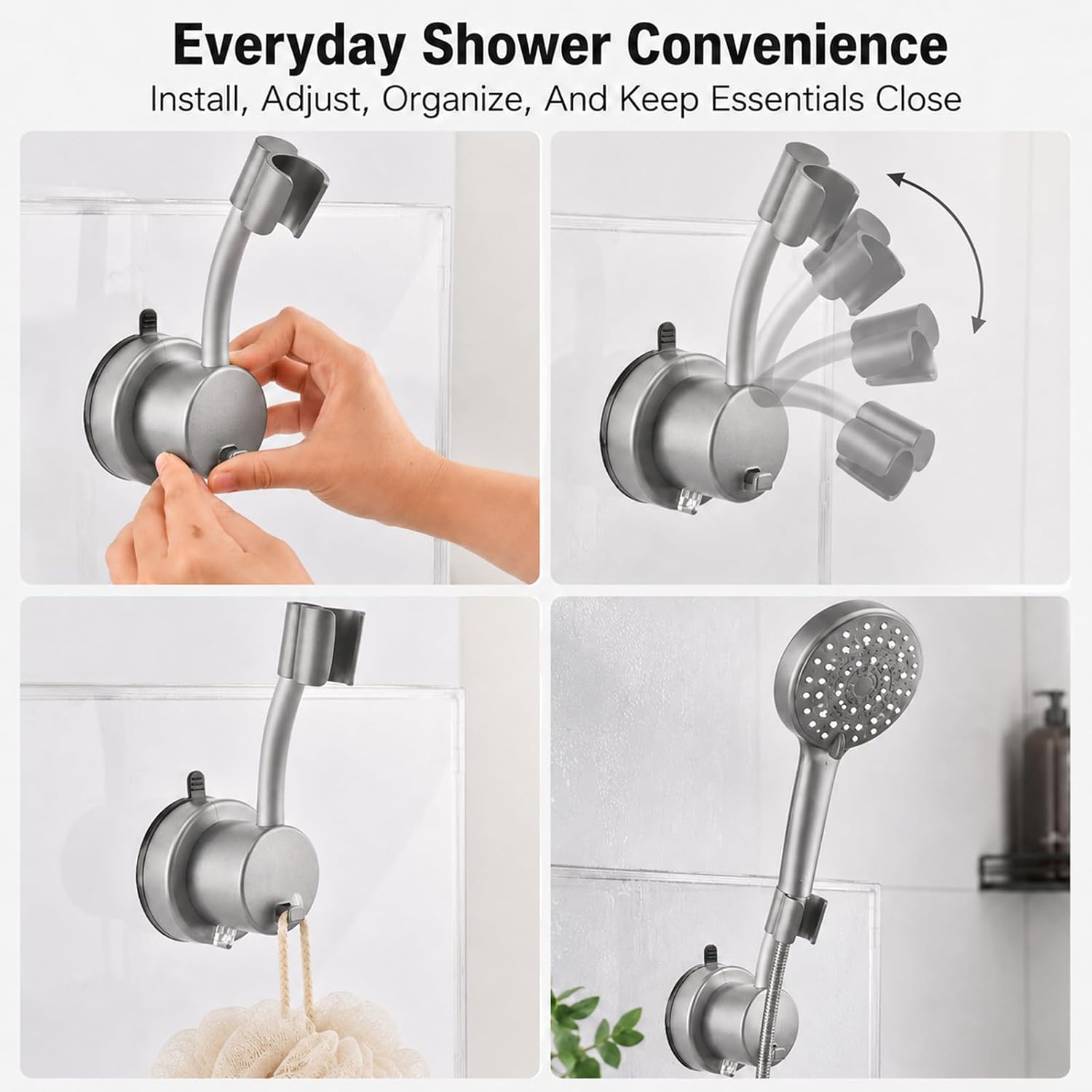 Shower Head Holder Suction, 360° Adjustable Shower Head Holder Wall Mount, Gray Handheld Showerhead Bracket with Storage Hook No Drill Tool-Free Installation in Seconds image 3