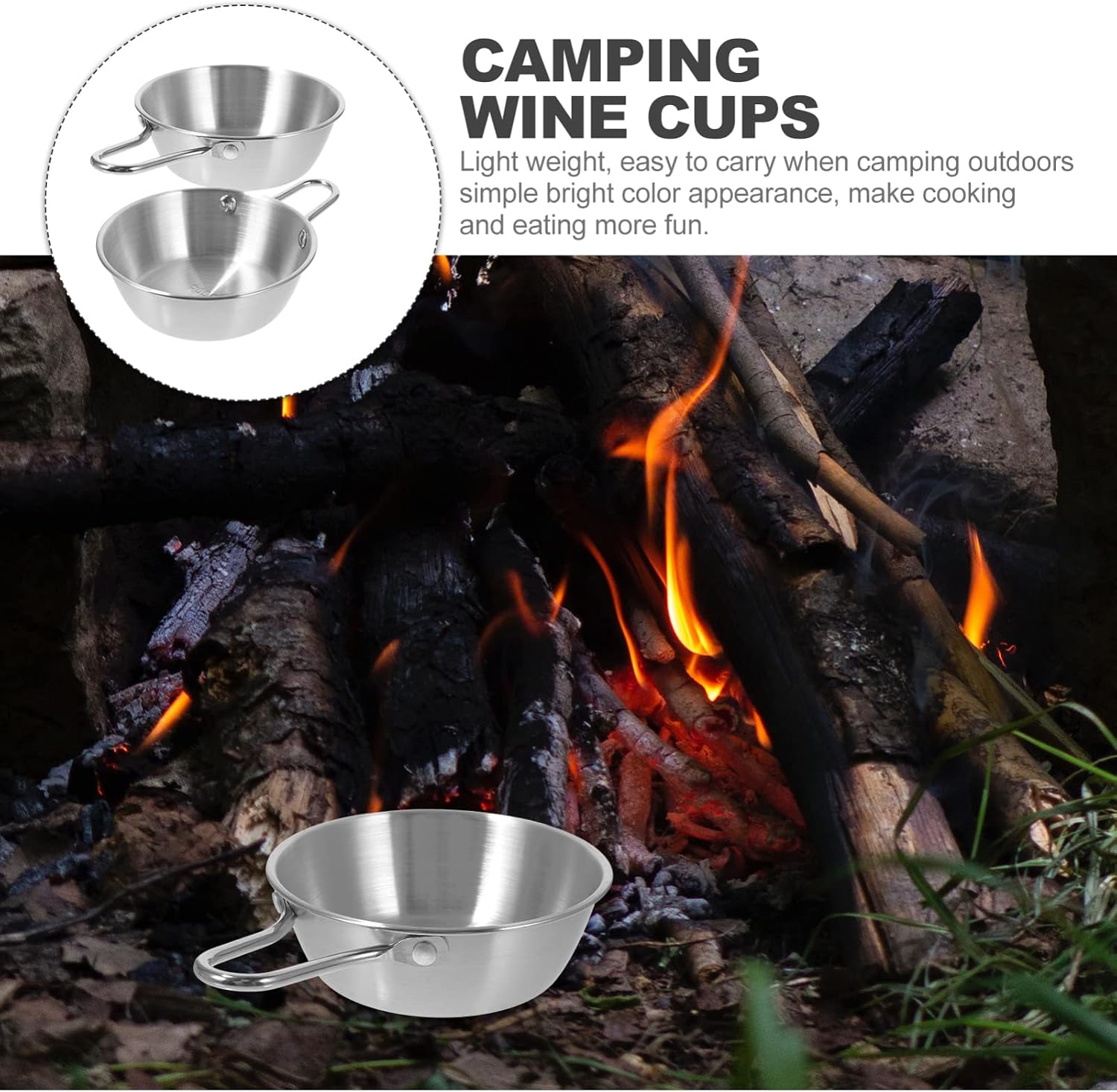 BESPORTBLE Camping Bowl Set 2-piece Collapsible Stainless Steel Wine Soup Bowl Handle Portable for Outdoor Travel Picnic