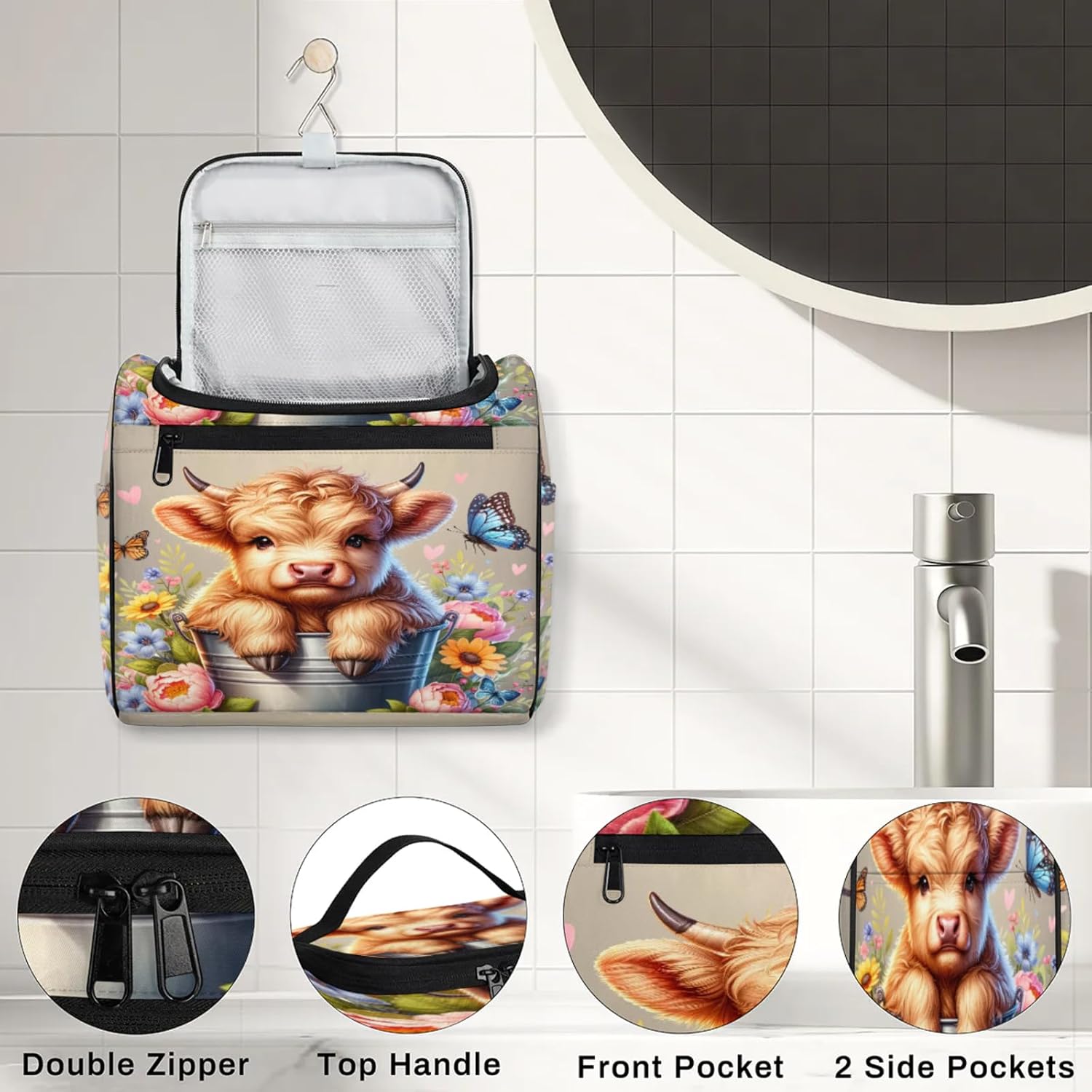 cfpolar Toiletry Bag for Women, Animal Cow Hanging Travel Toiletry Bag, Water-resistant Cosmetic Makeup Organizer for Toiletries and Cosmetics, Bathroom Shower Bag with Handle and Hook
