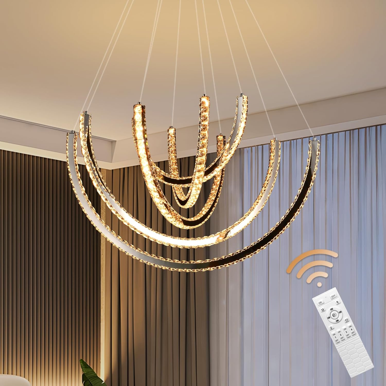39-inch Modern Crystal Chandelier,Dimmable LED Chandelier Light Fixture,5-Ring Round Large Hanging Light,for Dining Room,Living Room,Bedroom,Foyer,Entryway 5-Ring D24''-28''-32''-35''-39''