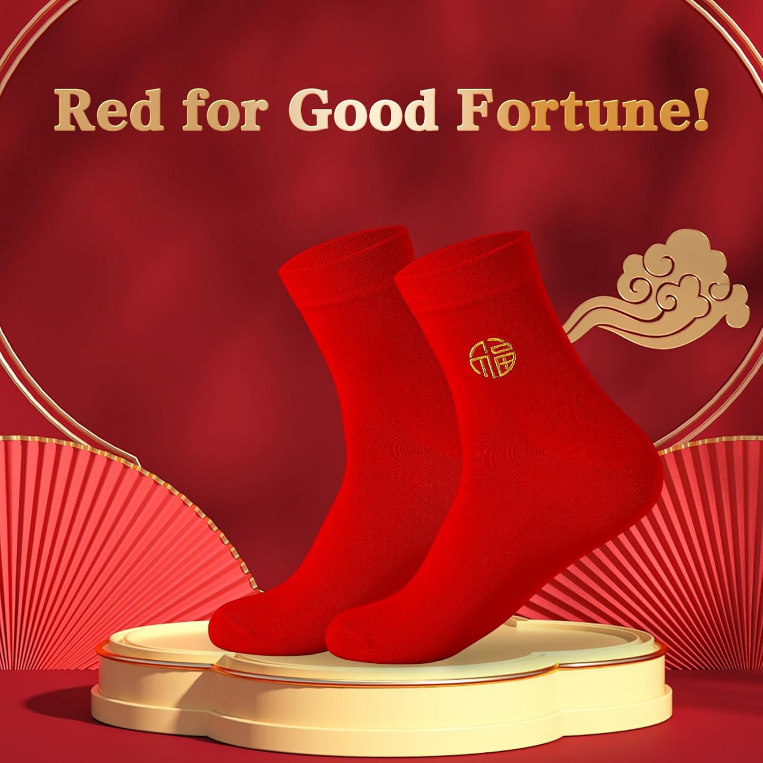 Women's Red Socks Crew Sports Casual Calf Socks, Chinese New Year Socks,Size 5-9, Embroidery 福(Fu)(6 prs) - Image 2