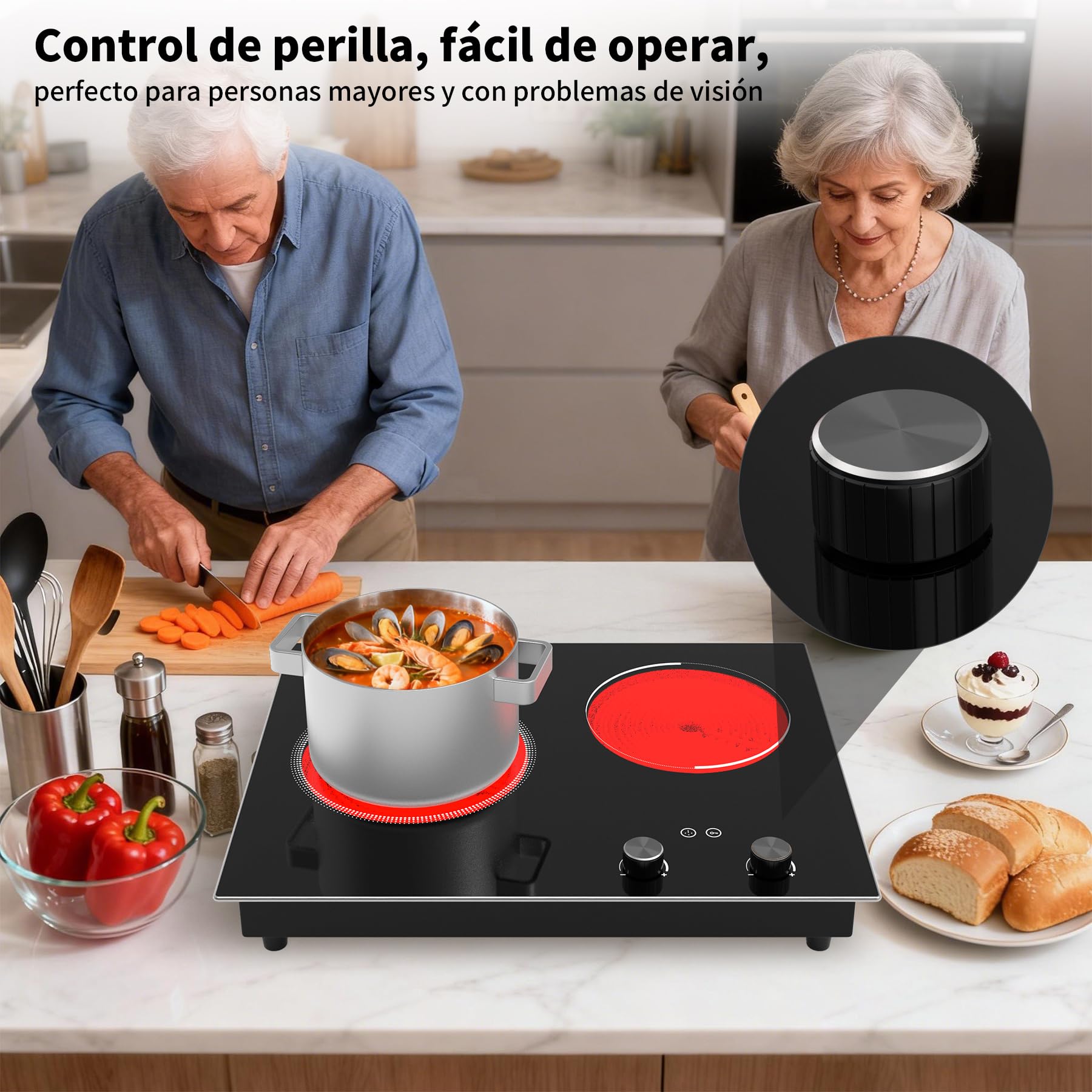 VBGK vitrocerámica 2 fuegos,3000W Empotrable y de sobremesa vitrocerámica 2 fuegos，9 niveles de potencia, temporizador y bloqueo de seguridad para niños.