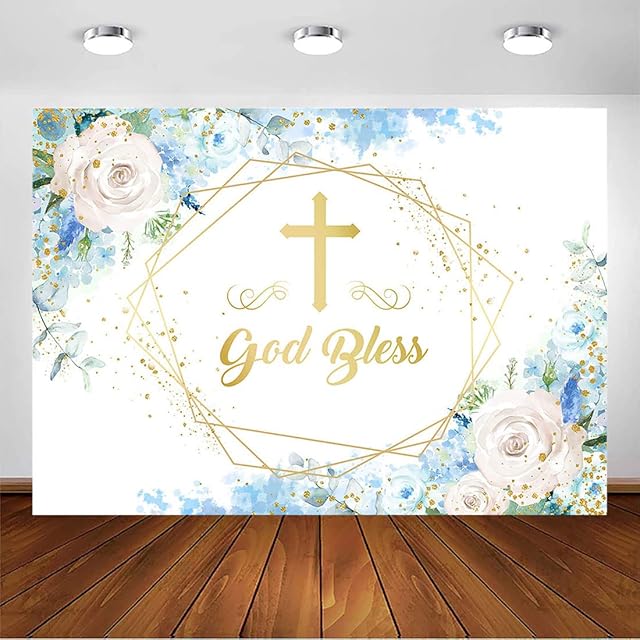 Avezano God Bless Baptism Backdrop 7ft x 5ft First Holy Communion Christening Background Decor Blue Flower Boy Baby Shower Banner Photo Shoot Booth Studio Props
