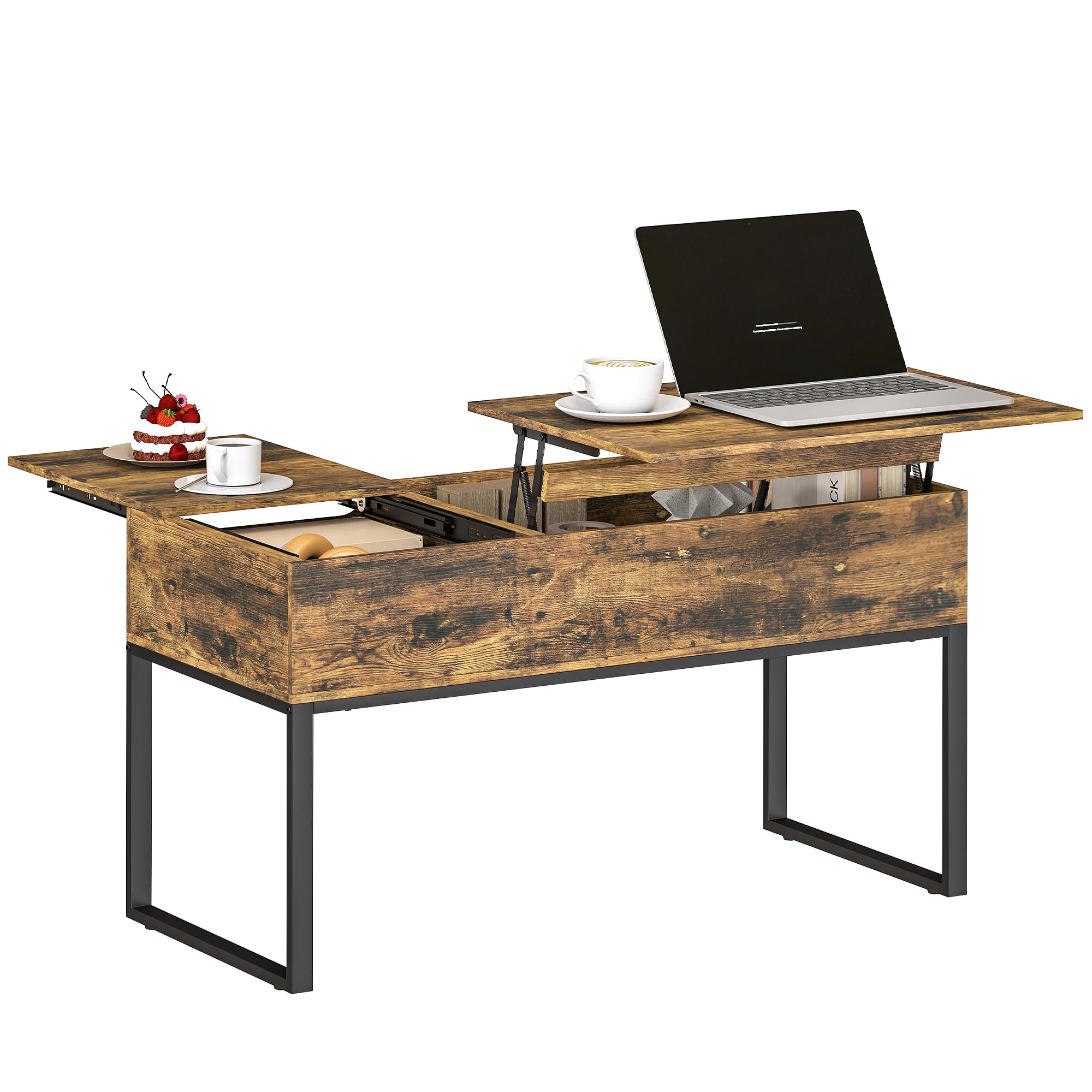 HOMCOM Mesa de Centro Elevable Cierre Suave 100x45x67 cm Marrón Rústico | Mesa de Café, Encimera Deslizante, Espacio Oculto de Almacenaje