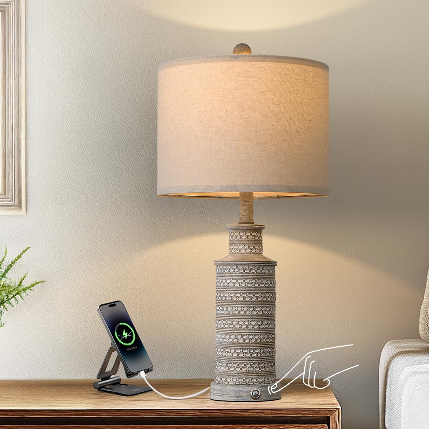 BOBOMOMO Retro Resin Table Lamp, 6-Touch Switch Cylindrical Grey Shade, 2 USB Charging Ports