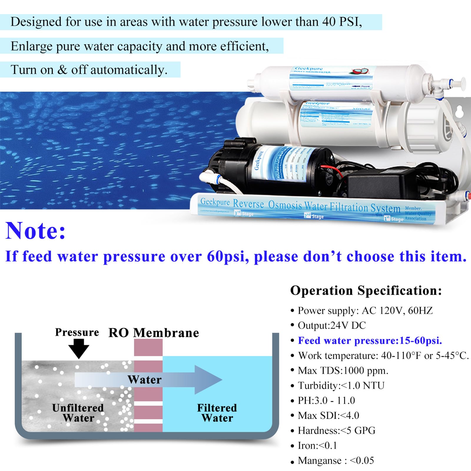 Geekpure Sistema de filtro de agua ósmosis inversa 5 etapas con bomba refuerzo y 4 filtros adicionales-75GPD | Purificador de agua debajo del fregadero con bomba de refuerzo y 4 filtros adicionales