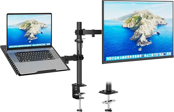 Redbat Monitor and Laptop Mount Stand, Fully Adjustable Monitor Arm with Vented Tray for 13" to 32" LCD Screens and Notebook up to 16", Holds up to 22lbs, VESA Compatible, Dual Mounting Opti