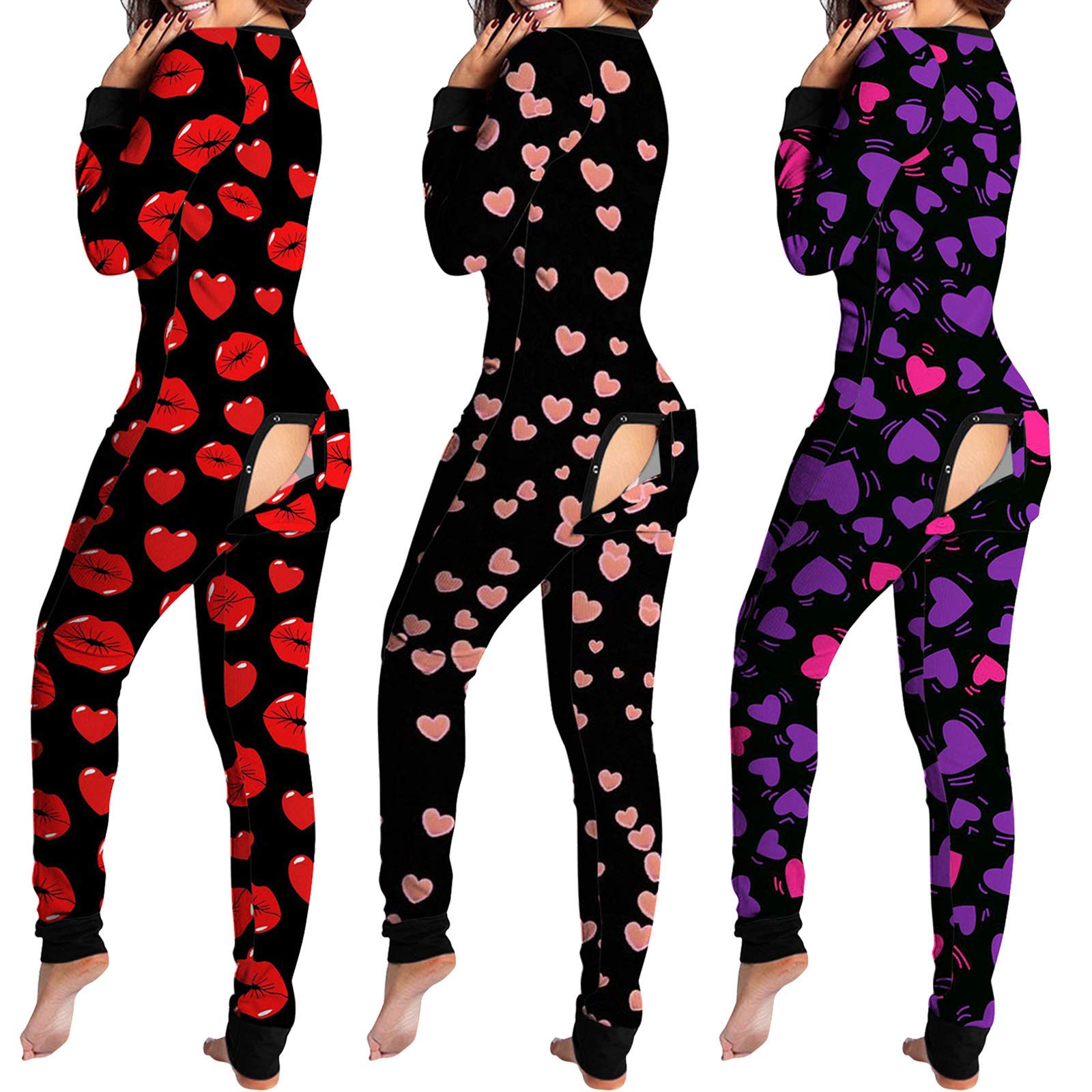 Pijama de una pieza para mujer, sexy, cuello en V, mono funcional, con solapa de botón, pelele de una pieza, mono de pijama, traje de manga larga, pijama de noche