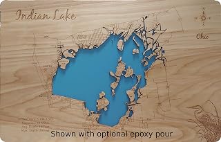 Indian Lake, Ohio: Contemporary Wood Laser Engraved Map | Custom Text Included | Wood Sign | Wall Hanging| Nautical Art | 2D Wood Map | Wall Art | Made to Order 15" x 23"