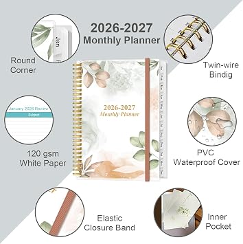 2026-2027 Monthly Planner - 18 Monthly Calendar, July 2026 - June 2027, Two Pages Per Month, 9 x11 Planner with Tabs, Strong Twin-Wire Binding, Inner Pocket, Rose Leaf