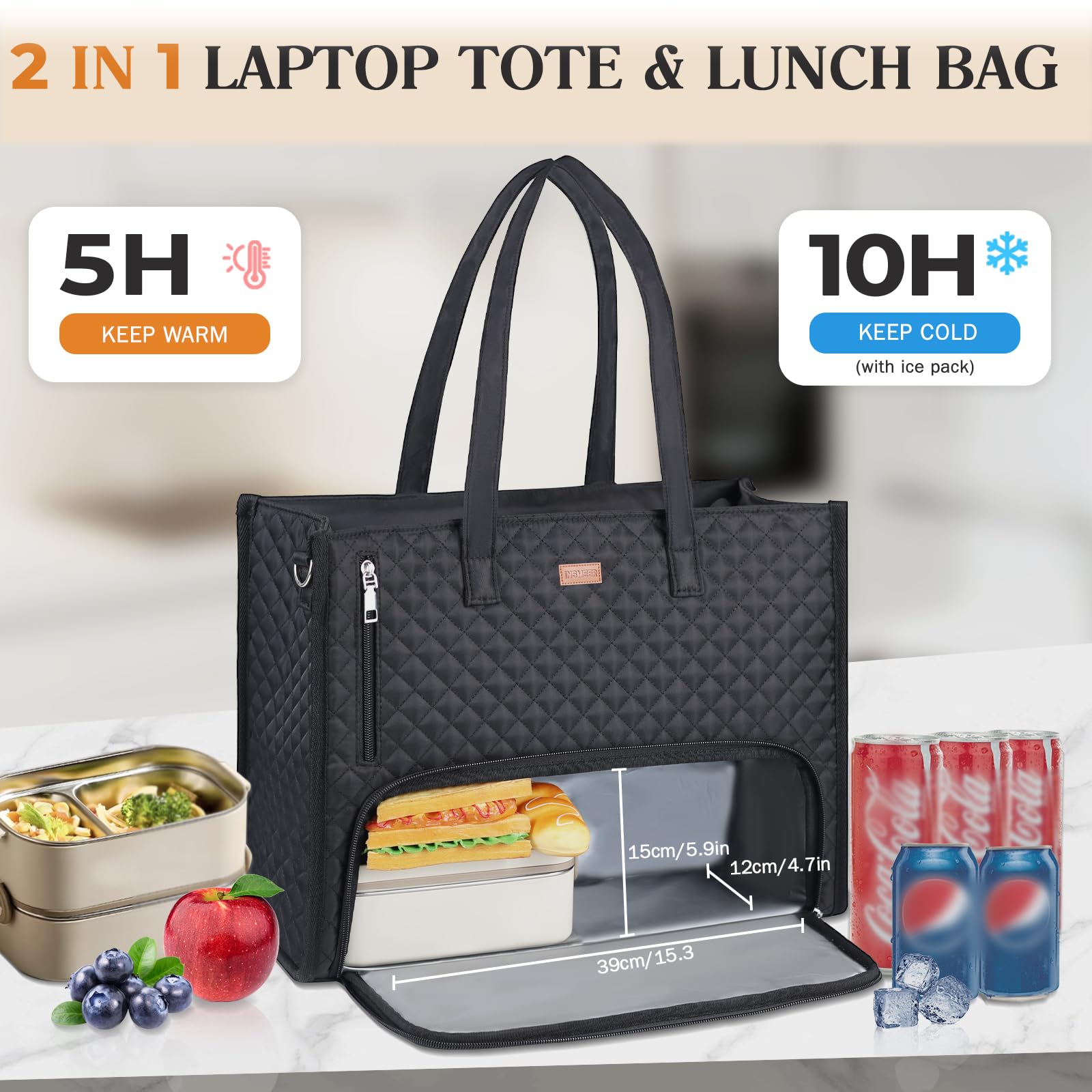 INSMEER Torba na lunch i torba robocza 2 w 1, z izolowaną przegródką na lunch, do biura, szkoły