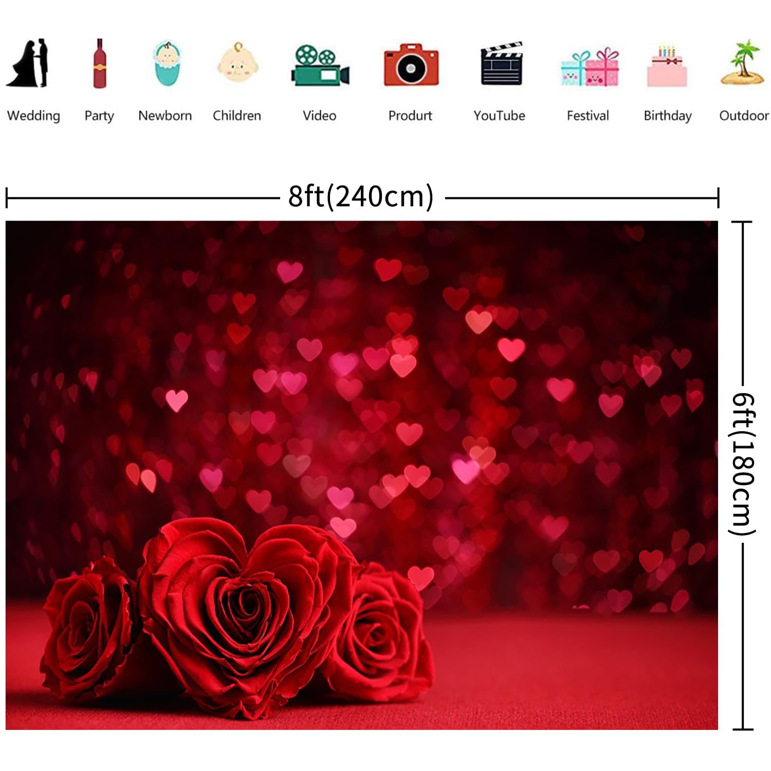 Fotohintergrund Romantische Rose & Herz - 1,5 X 0,9 M, Vinyl, Für Valentinstag, Hochzeit, Studio