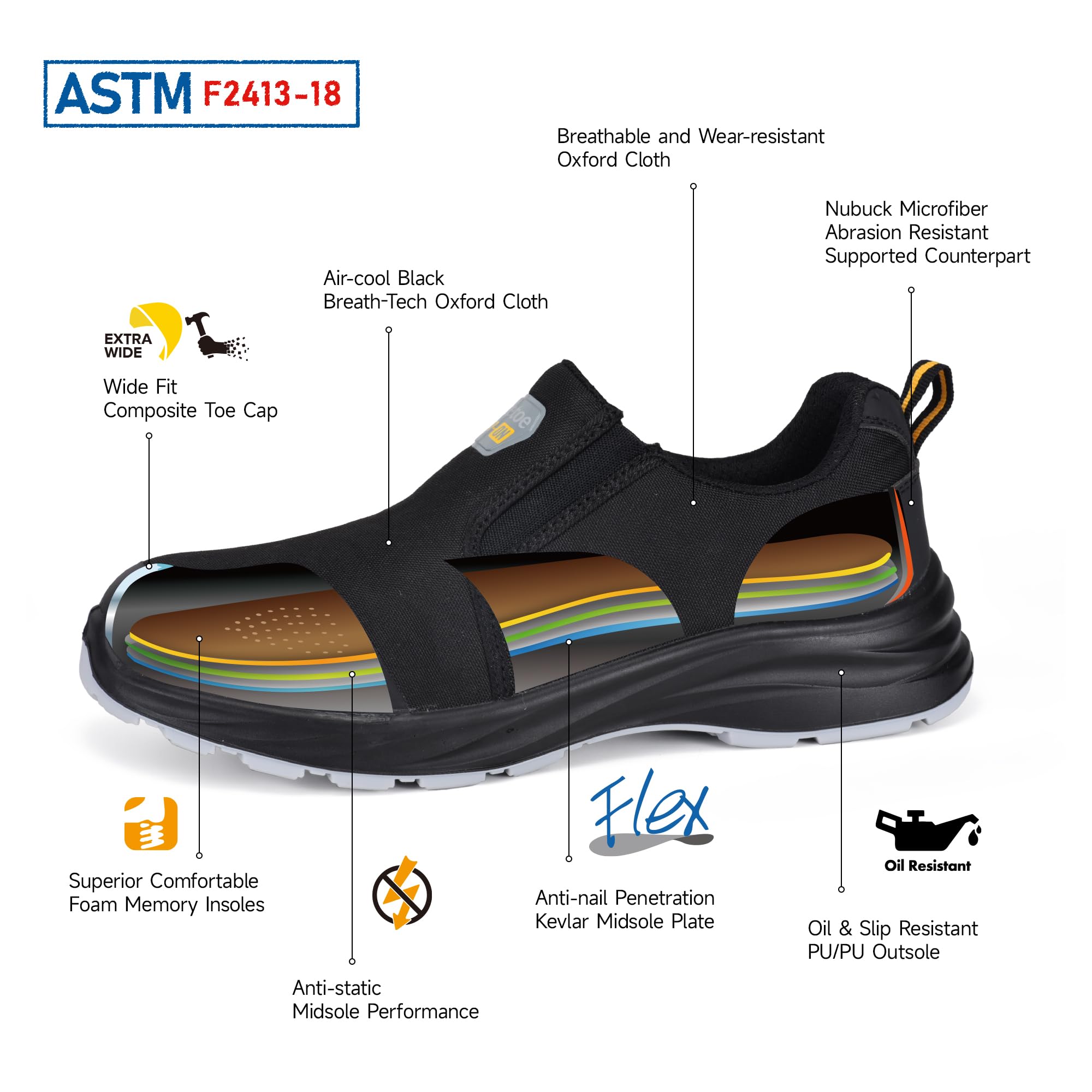 SAFETOE Chaussures de sécurité pour Hommes Chaussures de Travail Slip-on Baskets légères Respirantes et Confortables