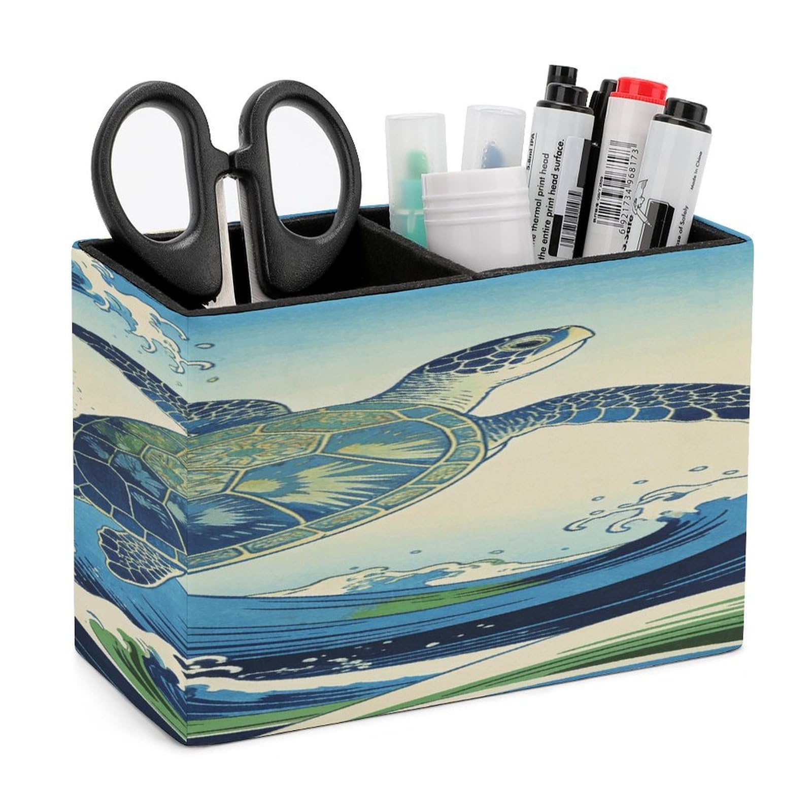 LZQPOEAS Japanese Waves And Turtles Pen Holder Double Compartments Pen Cup Makeup Brush Holders Leather Pencil Holder Locker Organizer for Work Locker Accessories Modern Pencil Cup for Desk