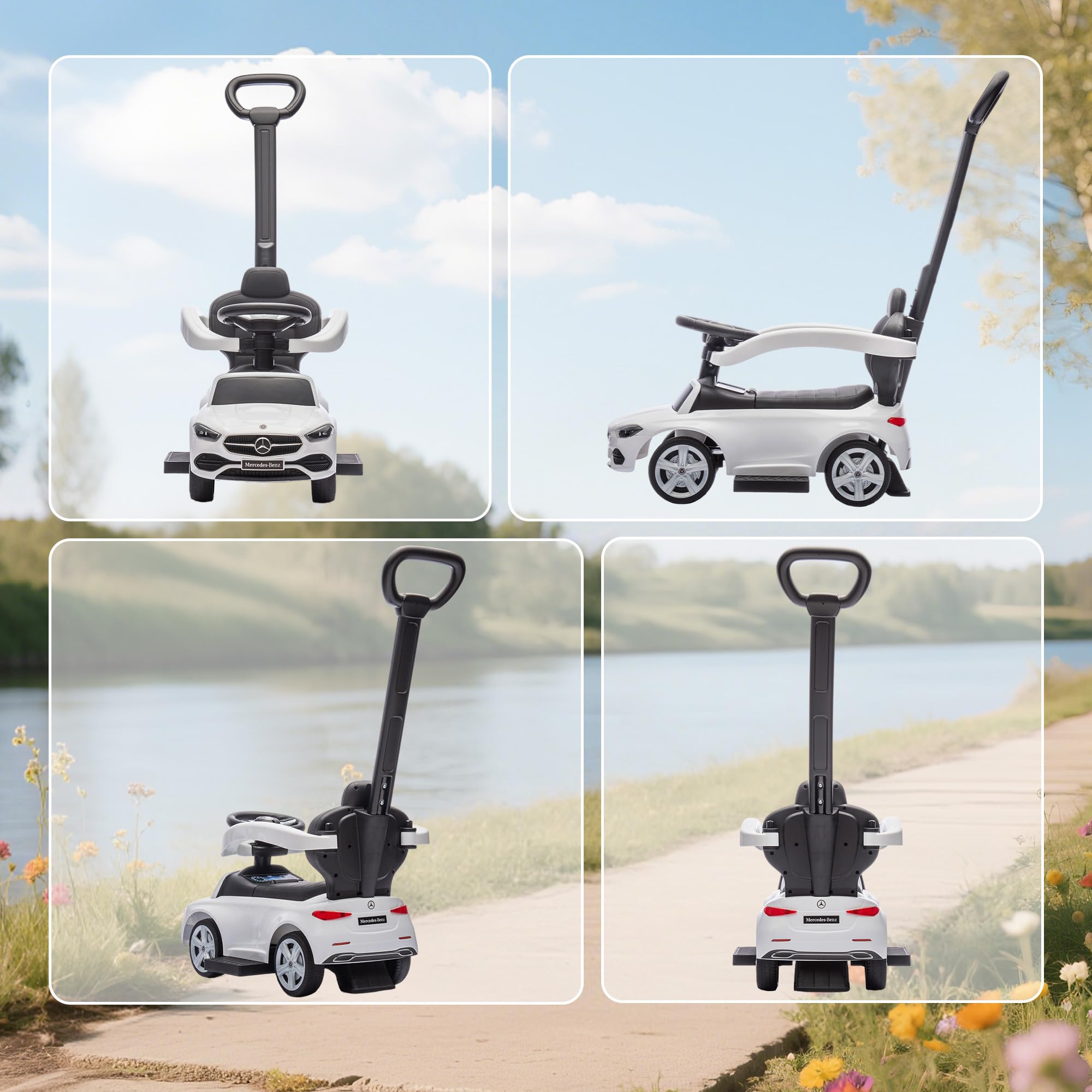 AIYAPLAY Macchina Primi Passi Cavalcabile per Bambini 1-3 Anni Convertibile in Passeggino con Maniglione, Barriera a 360° e Volante, Auto Cavalcabile in PP e Acciaio, 91x40x83 cm, Bianco
