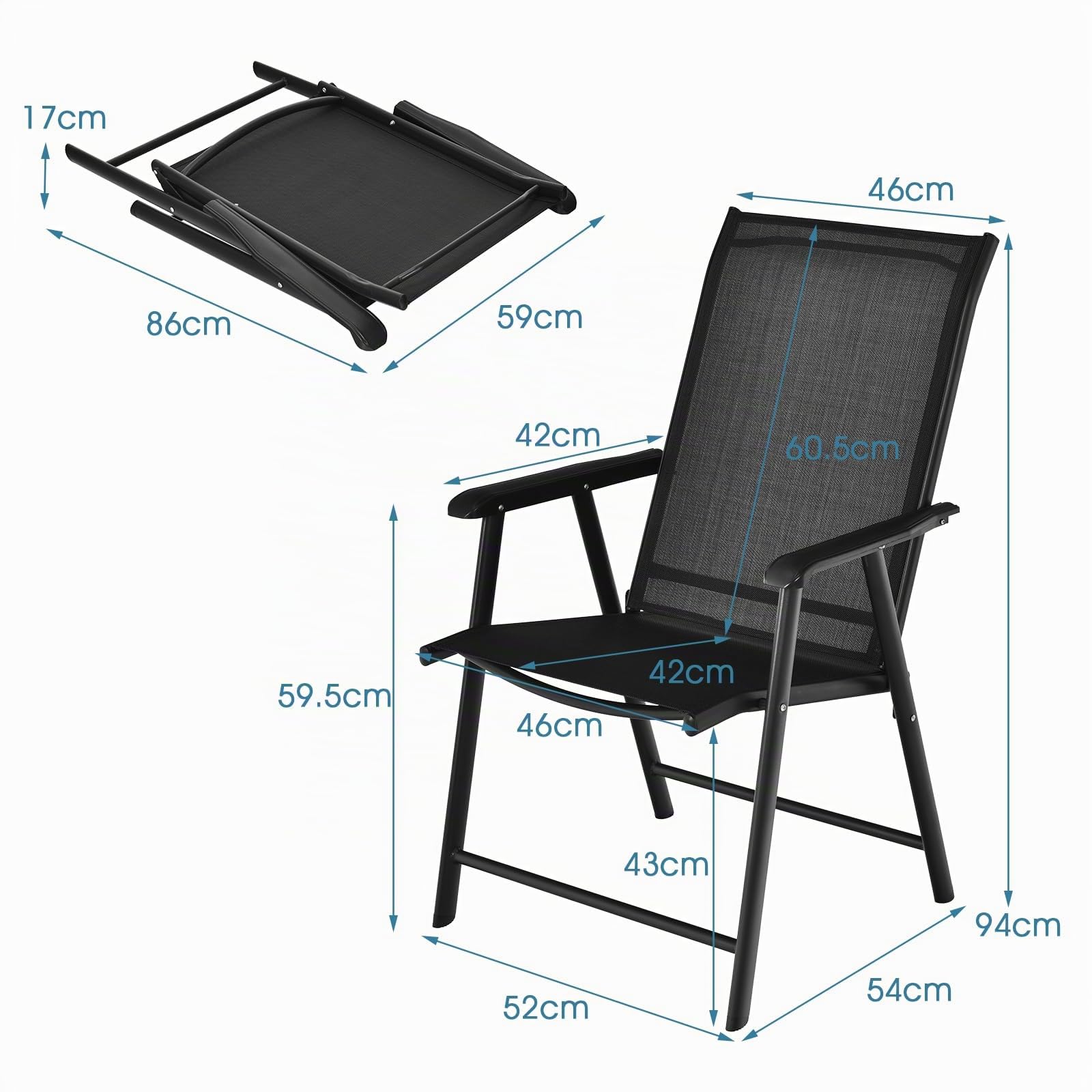 COSTWAY Set di 2 Sedie Giardino Pieghevoli, Poltrona da Esterno con Struttura in Metallo, con Braccioli, Ideale per Campeggio Spiaggia, Portata 100 kg, 68 x 59 x 93 cm (Nero)