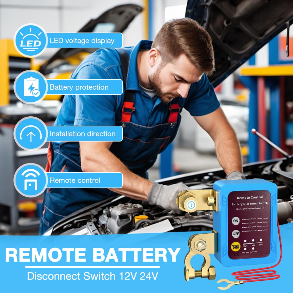 Drahtloser Ferngesteuerter Auto Trennschalter, Batterie Trennschalter 12V /24V 240A, Fernbatterie TrennsChalter mit 2 Fernbedienung, Automatische Abschaltung Schalter für Auto, ATV, LKW, Boot