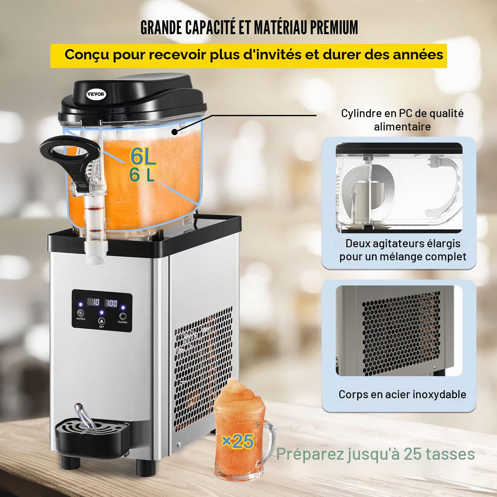 VEVOR Machine à Granité 6 L Machine de Glace Fondue Machine à Granita Réfrigération Efficace pour Rationaliser et Booster Service de Boissons Glacées pour Boissons Frappées Restaurants Cafés Bars