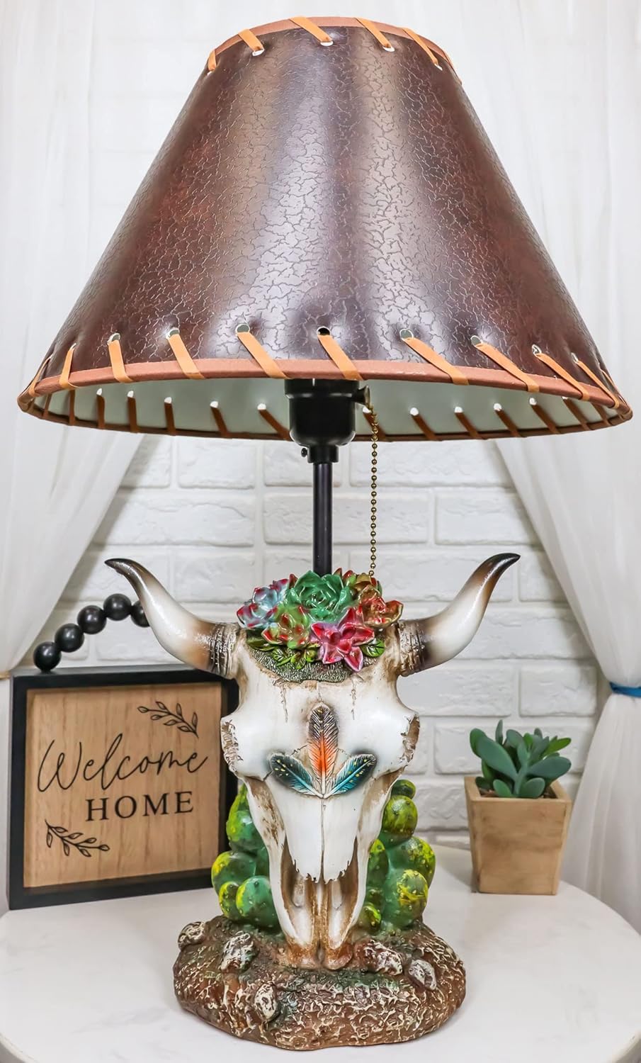 Ebros Gift Country Western Southwestern Cow Skull with Floral Succulents 3 Peace Dreamcatcher Feathers and Desert Cactus Table Lamp Figurine Rustic Wildlife Bisons Bulls Lighting Accent