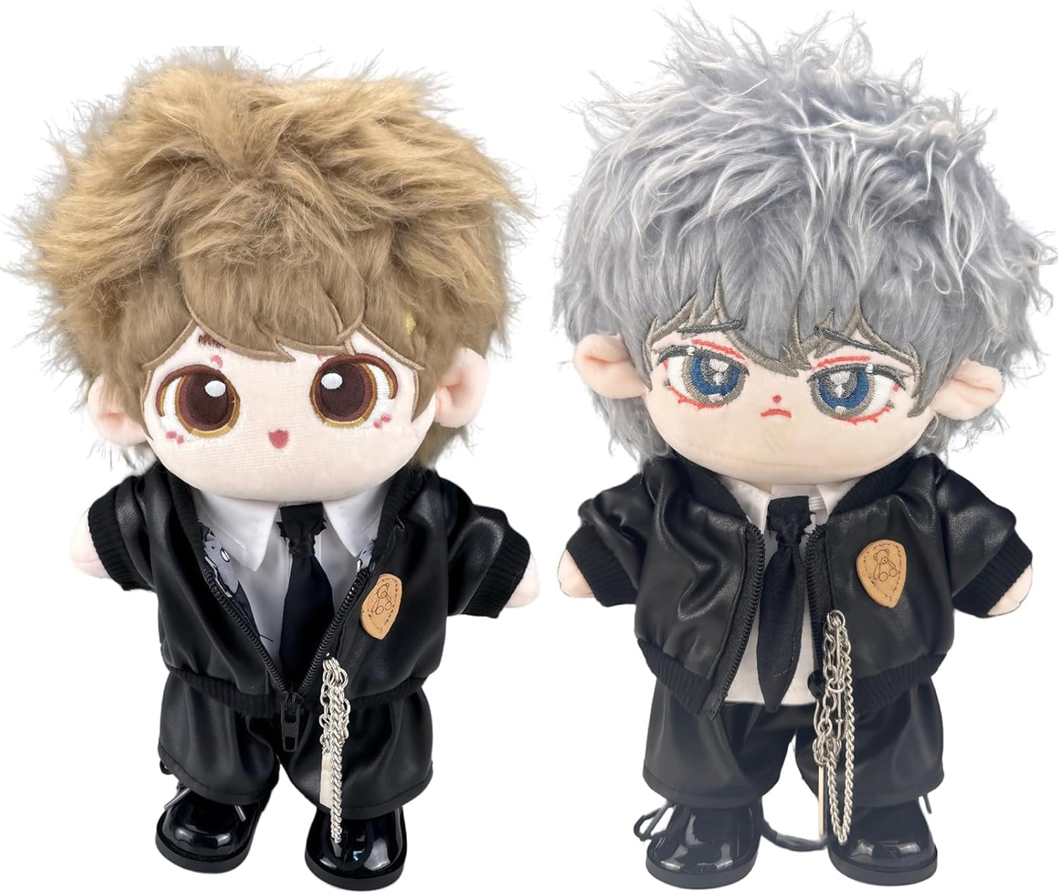 20cm Doll Clothes Set - Complete Black Faux Leather Jacket Outfit with Pants, Shirt, Bow Tie & Shoes for 8 Inch Plush Cotton Dolls, Cool School Style
