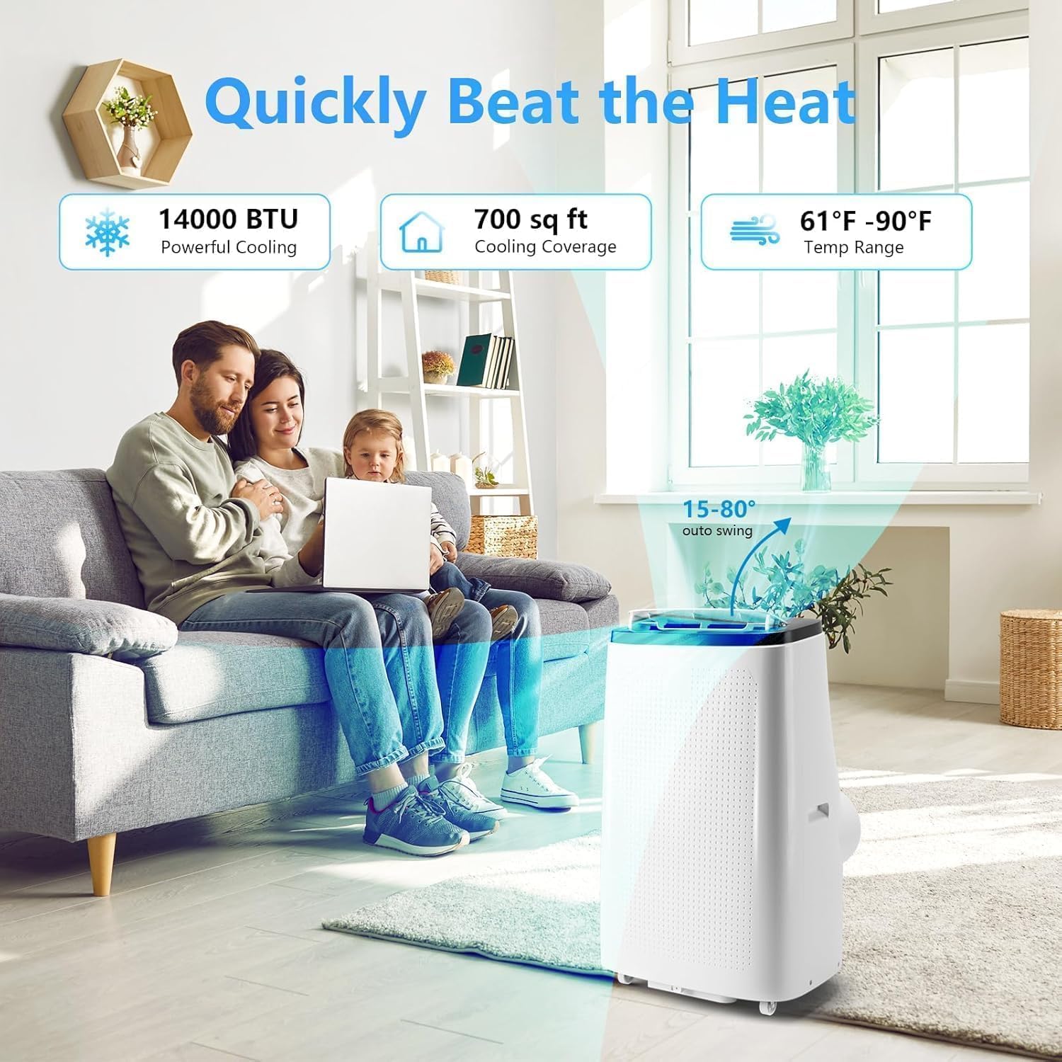 GarveeLife - Aire acondicionado portátil, 14.000 BTU para habitaciones de hasta 750 pies cuadrados, unidad de CA compacta inteligente 4 en 1 con enfriamiento, temporizador de 24 horas