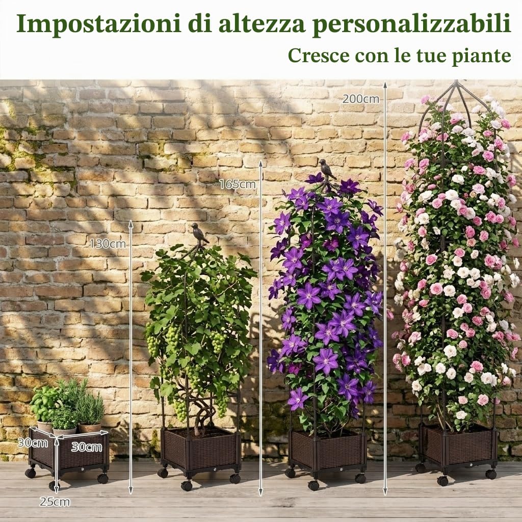 HOMASIS Fioriera con Grigliato con Decorazione di Uccelli, Supporto per Arrampicanti con Ruote, Fioriera con Spalliera, Obelisco da Giardino con Serbatoio d'Acqua da Balcone, Nero (Modello 4)