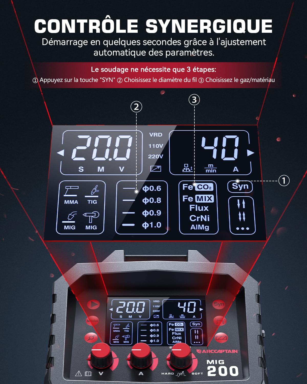 ARCCAPTAIN Poste à Souder MIG MAG, 200Amp 6 en 1 Gaz MIG/Sans gaz Flux Core MIG/Électrode Enrobée/Lift TIG/Soudage par points/Pistolet à fil 230V Machine de soudage multi-processus en aluminium
