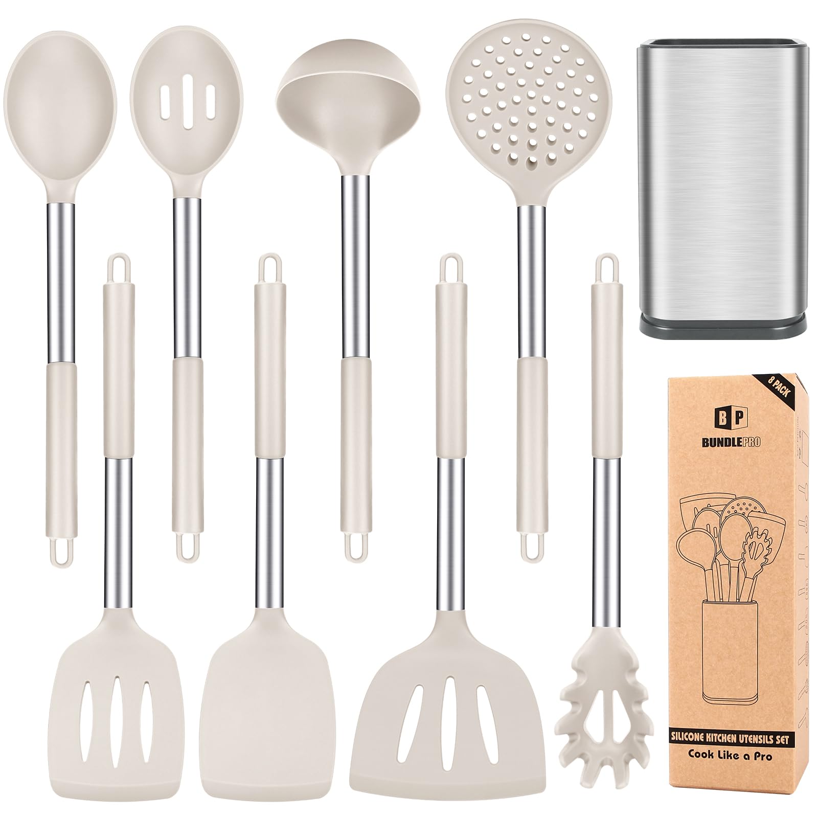 Juego de utensilios de cocina de silicona, 8 utensilios de cocina antiadherentes con mango de acero inoxidable, sin BPA, herramientas de cocina resistentes al calor con espátulas, volteadores,