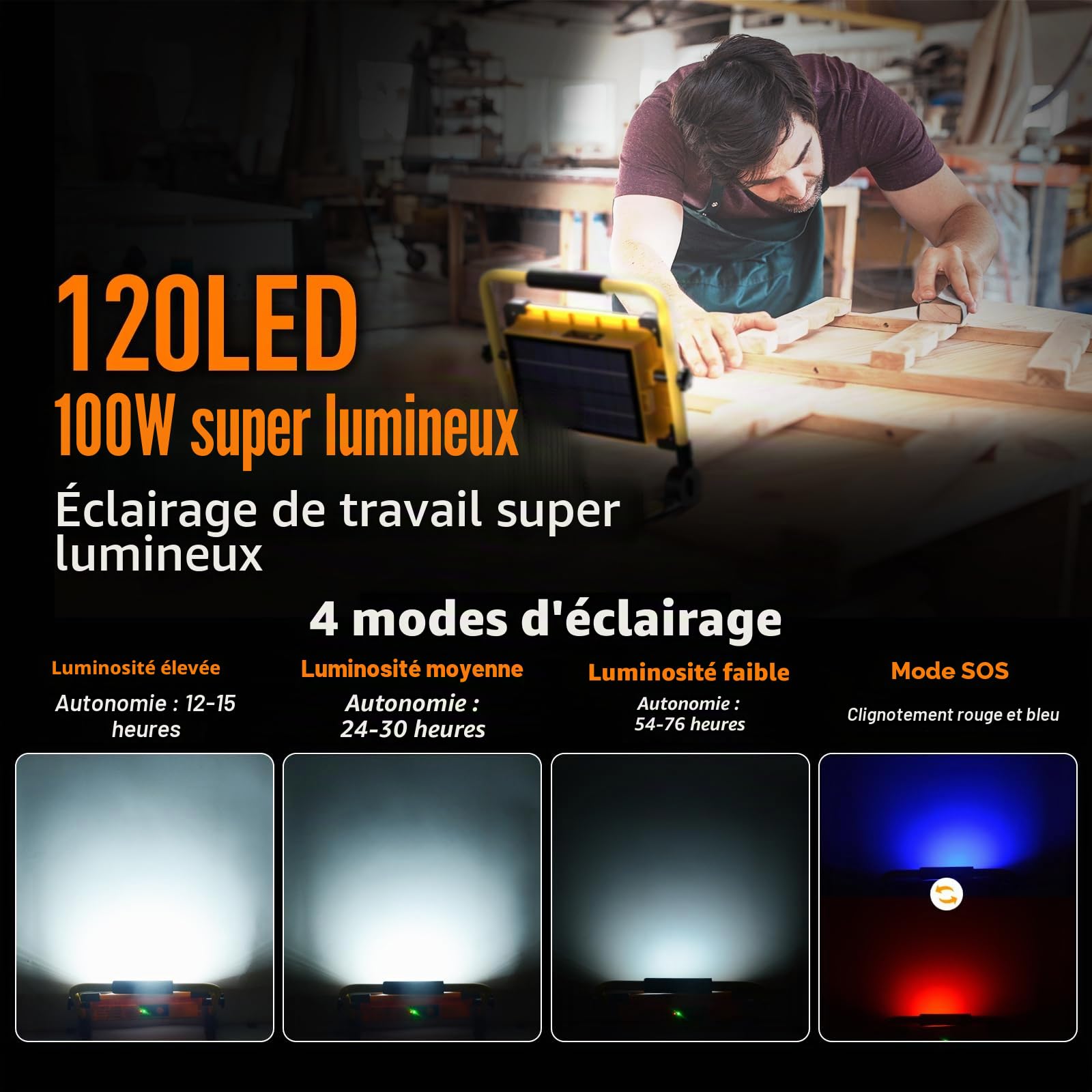 Projecteur Chantier LED Rechargeable Solaire 100W Lampe de Travail | 4 Modes, 120 LED, 14000mAh Batterie, Étanche USB Banque d'alimentation, Pour Garage, Camping, Bricolage, Atelier